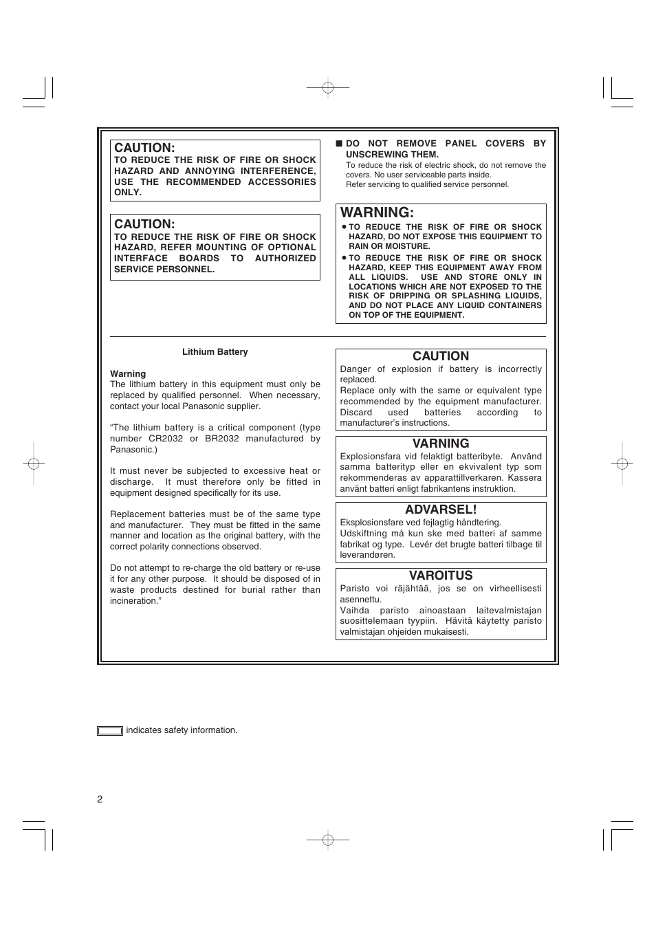 Warning, Caution, Varning | Advarsel, Varoitus | Panasonic AJ-HDX400E User Manual | Page 2 / 102