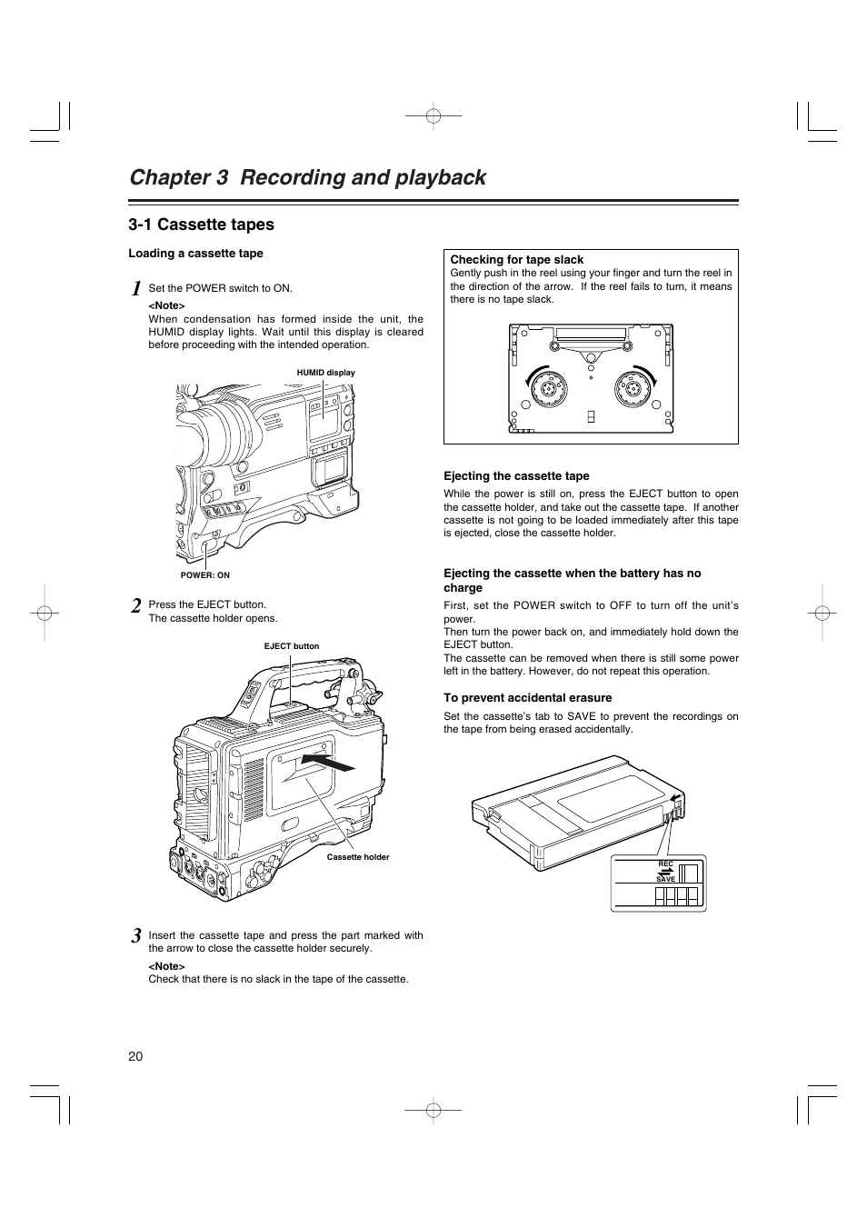 Chapter 3 recording and playback, 1 cassette tapes, Chapter 3 | Recording and playback, Cassette tapes | Panasonic AJ-HDX400E User Manual | Page 20 / 102