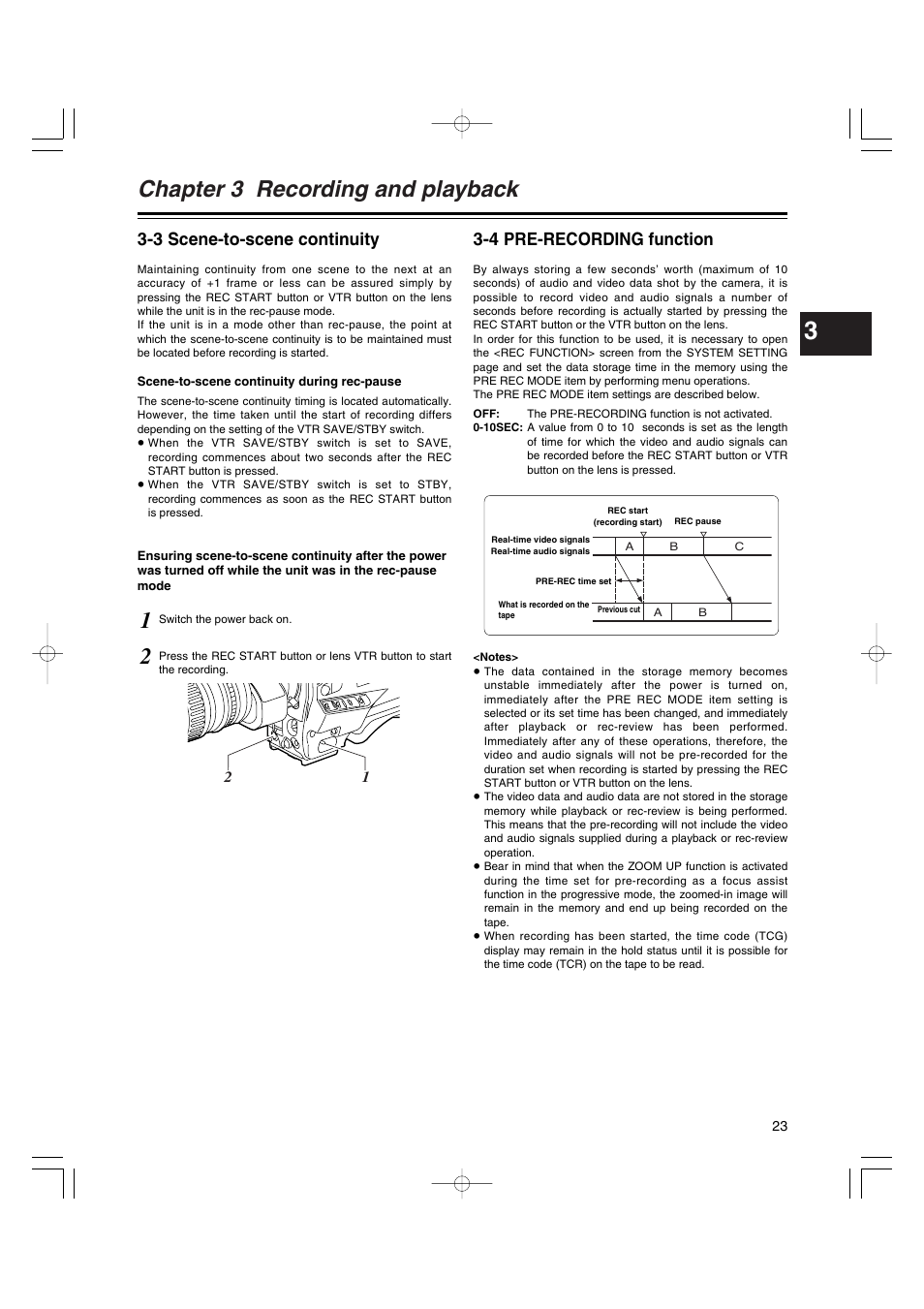 3 scene-to-scene continuity, 4 pre-recording function, Scene-to-scene continuity | Pre-recording function, Chapter 3 recording and playback | Panasonic AJ-HDX400E User Manual | Page 23 / 102