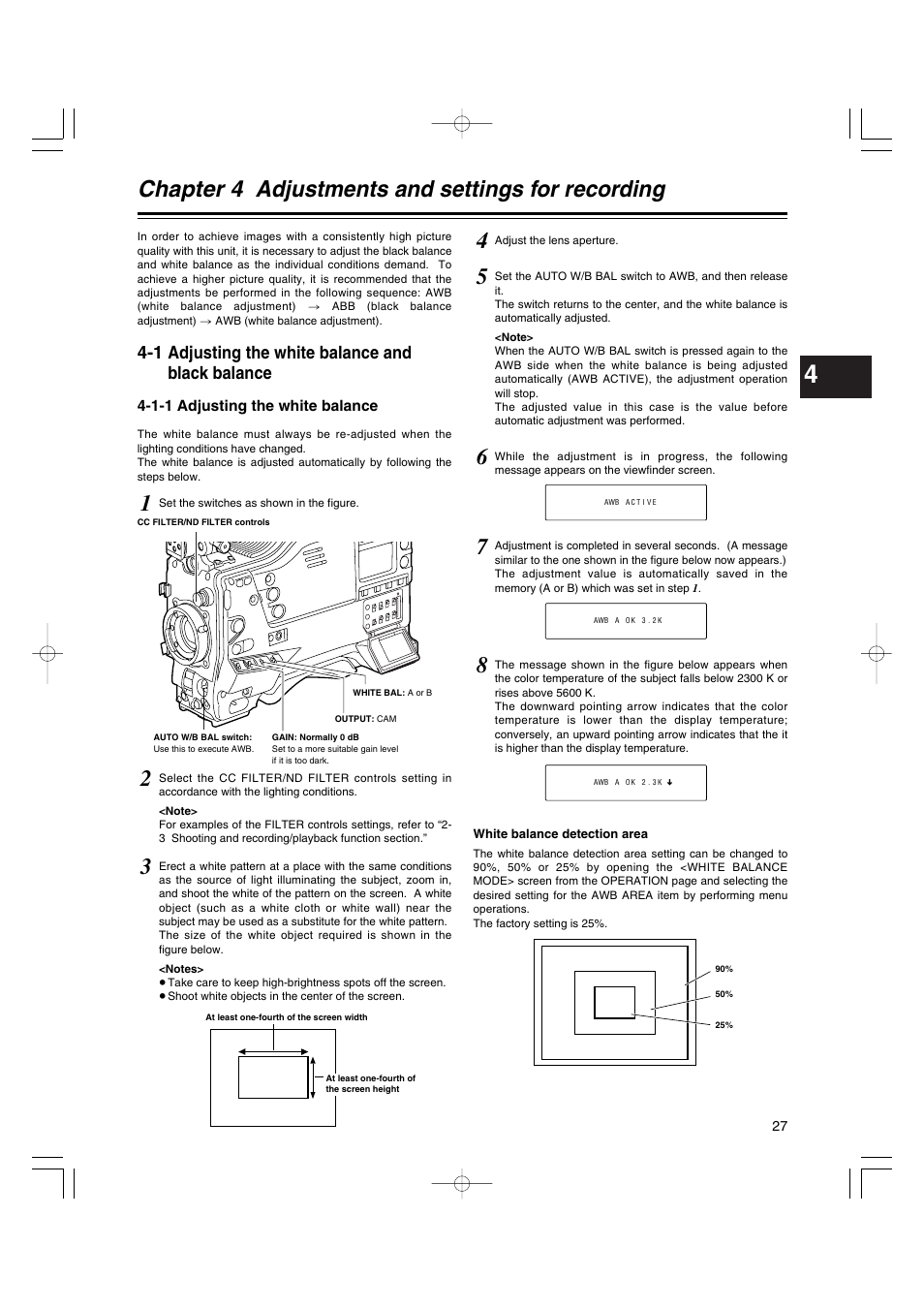 Chapter 4 adjustments and settings for recording, 1 adjusting the white balance and black balance, 1-1 adjusting the white balance | Chapter 4, Adjustments and settings for recording, Adjusting the white balance and black balance, Adjusting the white balance | Panasonic AJ-HDX400E User Manual | Page 27 / 102