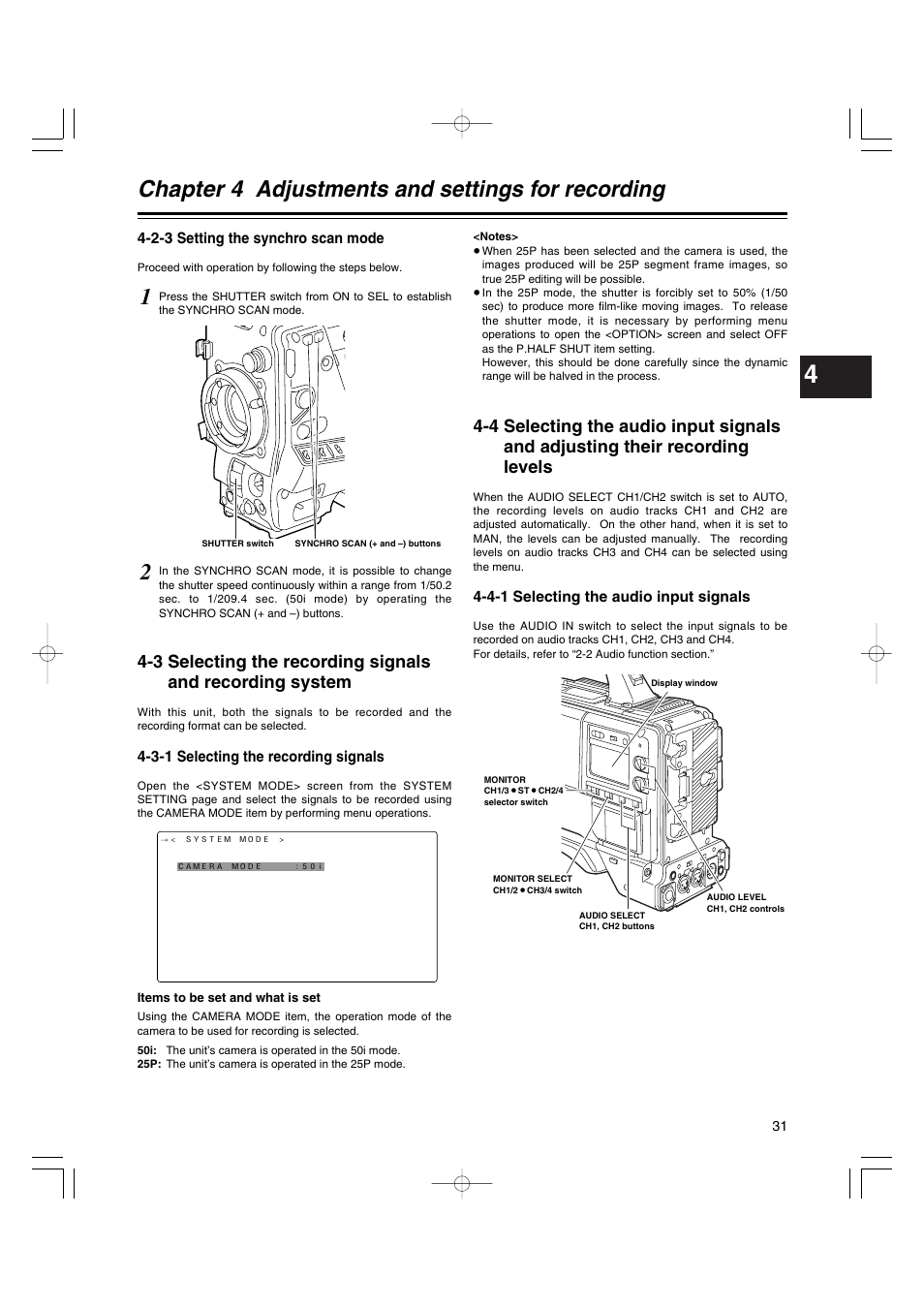 2-3 setting the synchro scan mode, 3 selecting the recording signals, 3-1 selecting the recording signals | 4-1 selecting the audio input signals, Setting the synchro scan mode, Selecting the record signals, Selecting the audio input signals, Chapter 4 adjustments and settings for recording | Panasonic AJ-HDX400E User Manual | Page 31 / 102