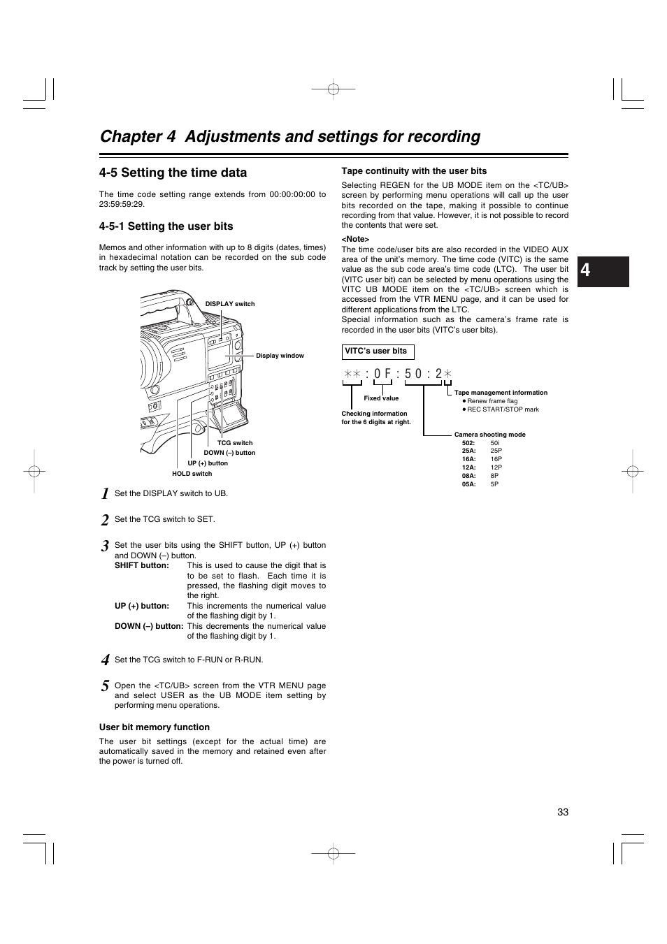 5 setting the time data, 5-1 setting the user bits, Setting the time data | Setting the user bits, Chapter 4 adjustments and settings for recording, 0f:50:2 | Panasonic AJ-HDX400E User Manual | Page 33 / 102