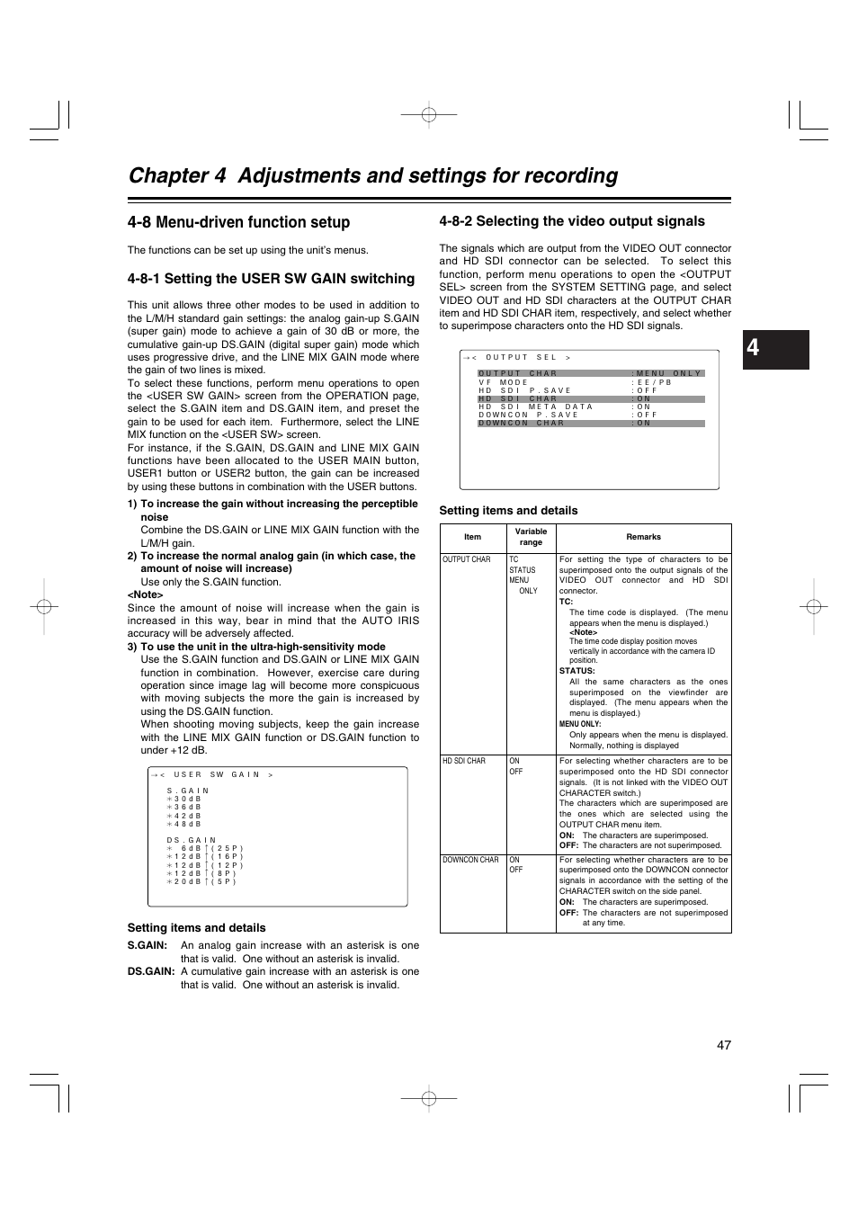 8 menu-driven function setup, 8-1 setting the user sw gain switching, 8-2 selecting the video output signals | Menu-driven function setup, Setting the user sw gain switching, Selecting the video output signals, Chapter 4 adjustments and settings for recording, Setting items and details | Panasonic AJ-HDX400E User Manual | Page 47 / 102