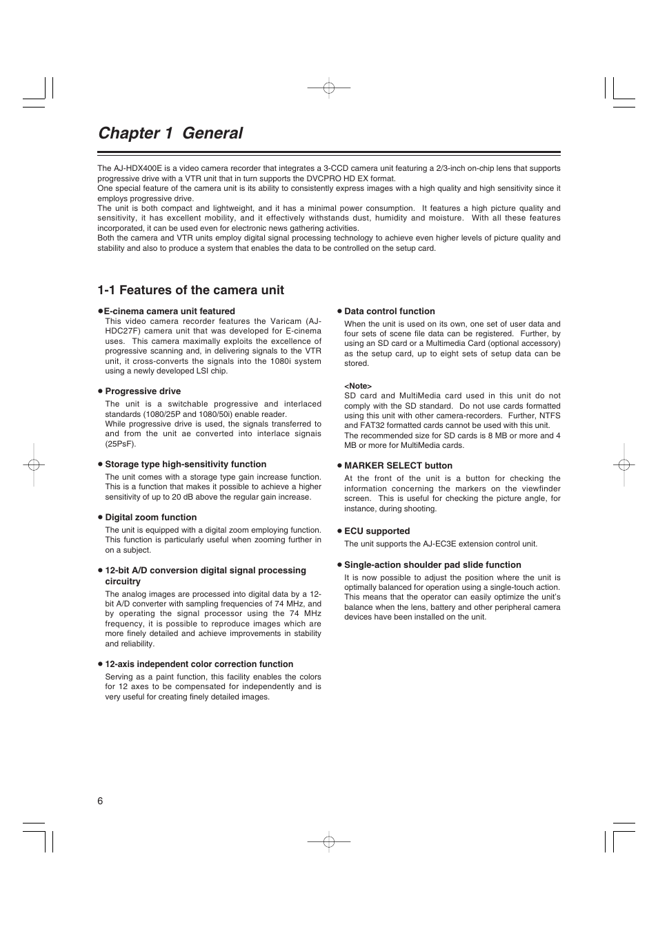 Chapter 1 general, 1 features of the camera unit, Chapter 1 | General, Features of the camera unit | Panasonic AJ-HDX400E User Manual | Page 6 / 102