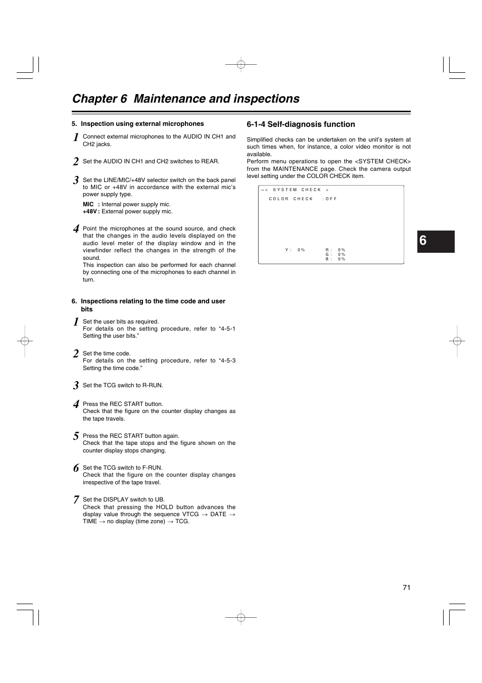 1-4 self-diagnosis function, Self-diagnosis function, Chapter 6 maintenance and inspections | Panasonic AJ-HDX400E User Manual | Page 71 / 102