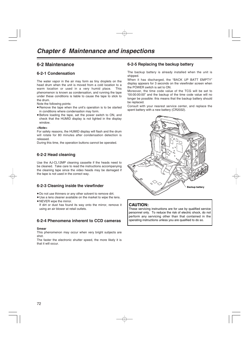 2 maintenance, 2-1 condensation, 2-2 head cleaning | 2-3 cleaning inside the viewfinder, 2-4 phenomena inherent to ccd cameras, 2-5 replacing the backup battery, Maintenance, Condensation, Head cleaning, Cleaning inside the viewfinder | Panasonic AJ-HDX400E User Manual | Page 72 / 102