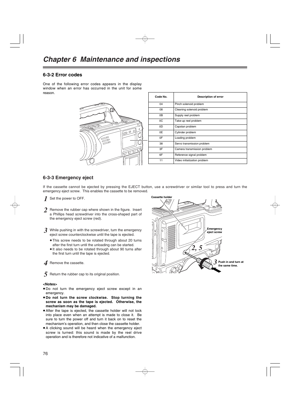 3-2 error codes, 3-3 emergency eject, Error codes | Emergency eject, Chapter 6 maintenance and inspections | Panasonic AJ-HDX400E User Manual | Page 76 / 102