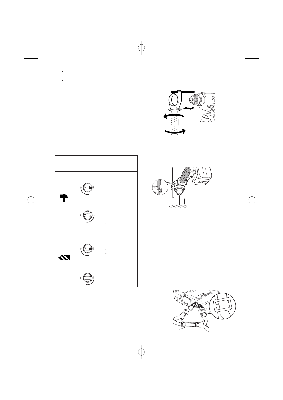 Disparador del control de velocided variable, Mango de soporte, Calibre de profundidad | Instalación de la correa al hombro | Panasonic EY7880 User Manual | Page 34 / 44