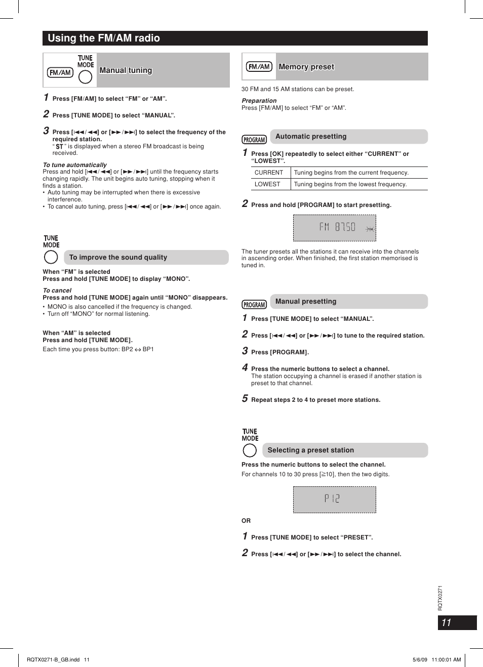 Using the fm/am radio | Panasonic SC SB-AK780 User Manual | Page 11 / 20