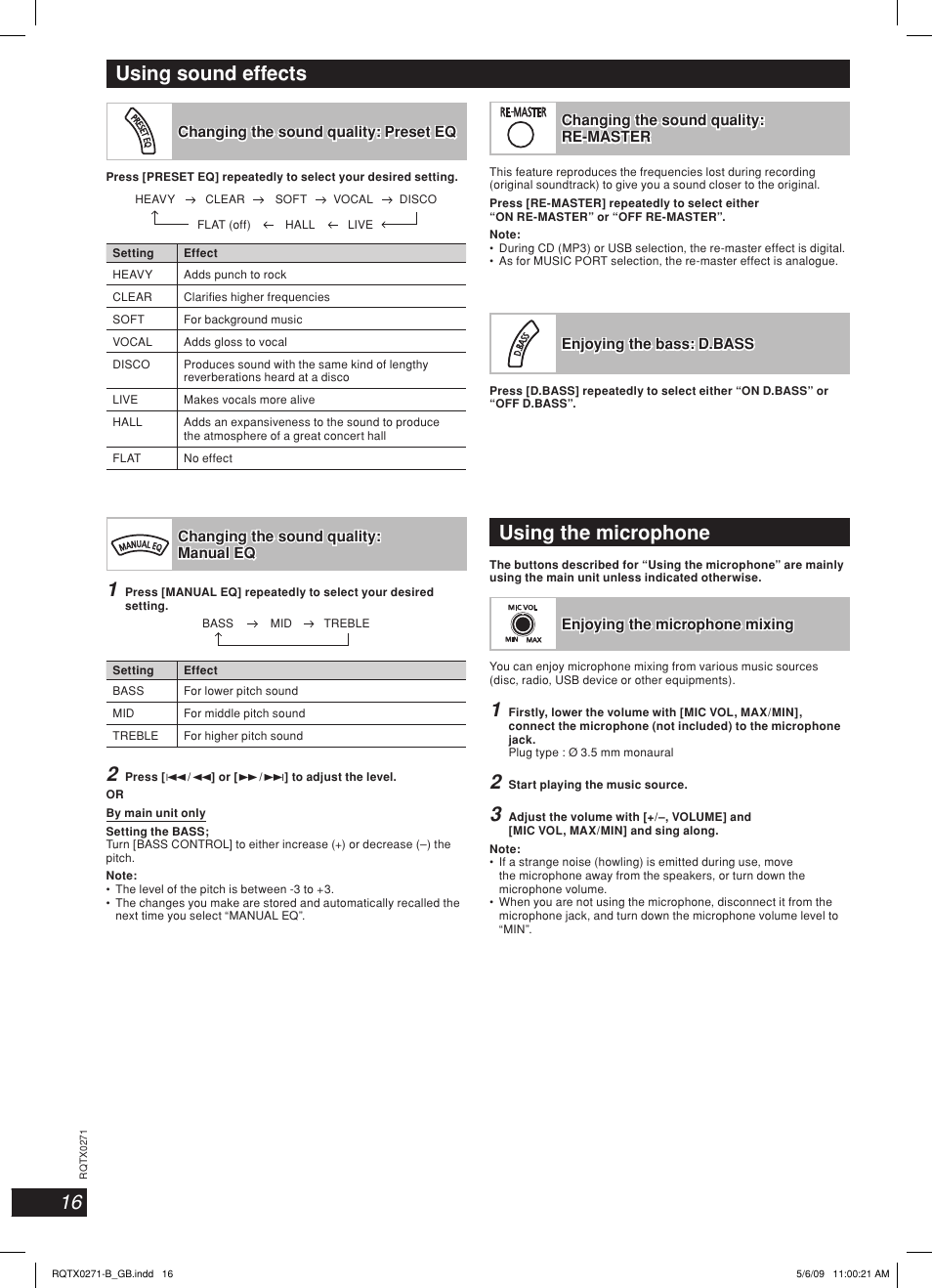 Using the microphone, Using sound effects | Panasonic SC SB-AK780 User Manual | Page 16 / 20