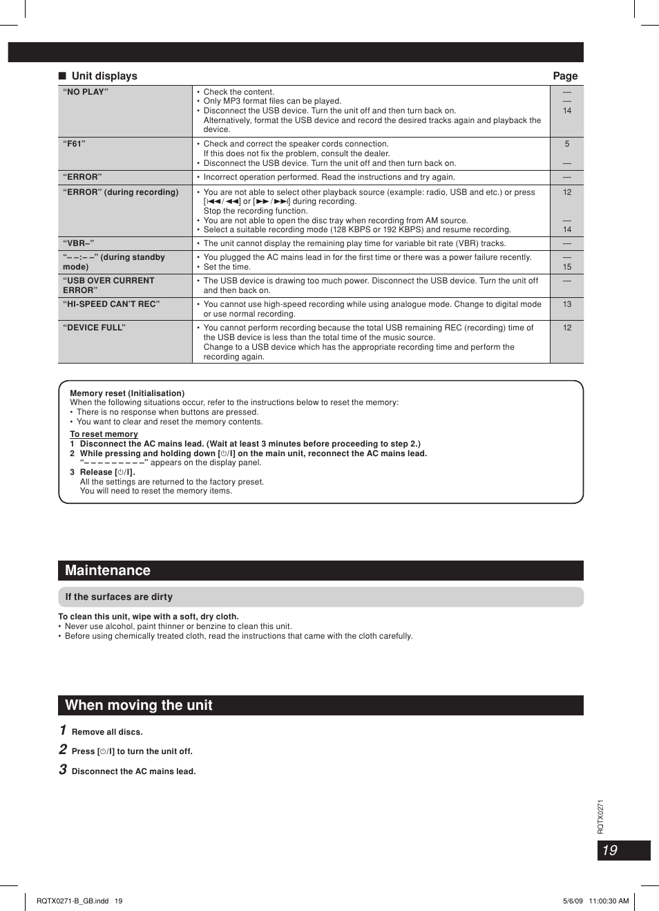 Maintenance, When moving the unit 1 | Panasonic SC SB-AK780 User Manual | Page 19 / 20