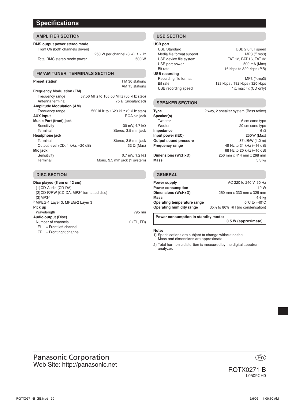 Rqtx0271-b, Specifi cations | Panasonic SC SB-AK780 User Manual | Page 20 / 20