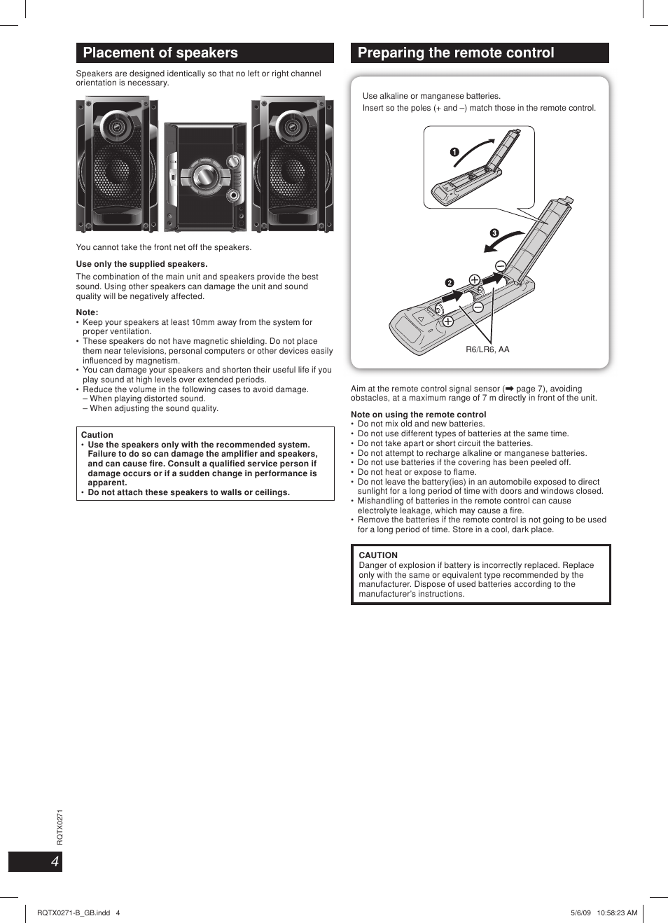 Placement of speakers, Preparing the remote control | Panasonic SC SB-AK780 User Manual | Page 4 / 20