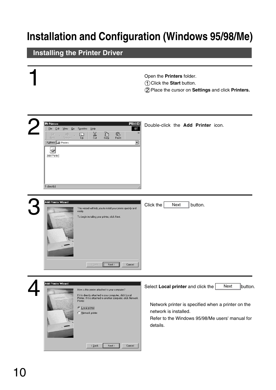 Installation and configuration (windows 95/98), Installing the printer driver, Installation and configuration (windows 95/98/me) | Panasonic 150P User Manual | Page 10 / 153