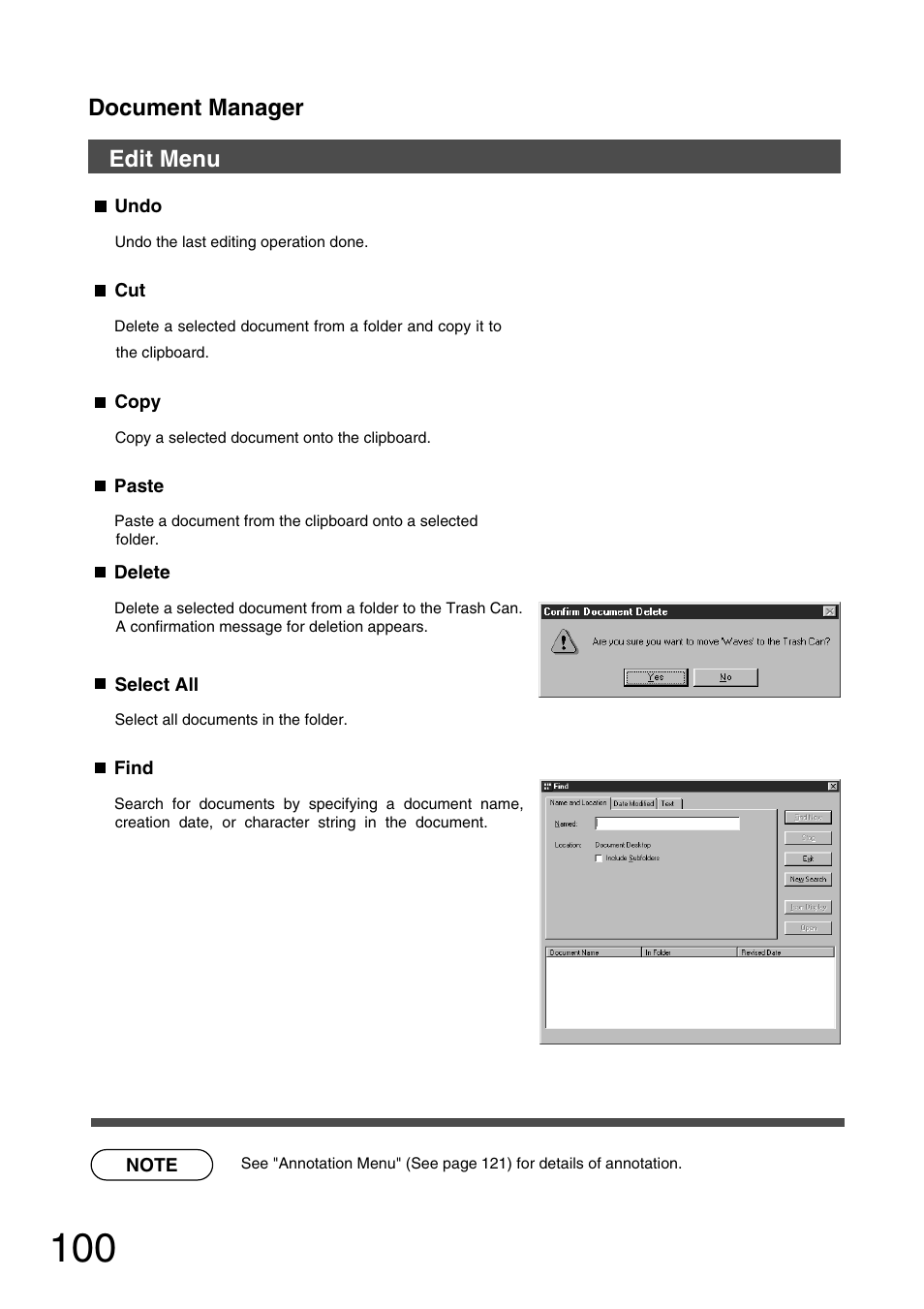 Edit menu, Document manager | Panasonic 150P User Manual | Page 100 / 153
