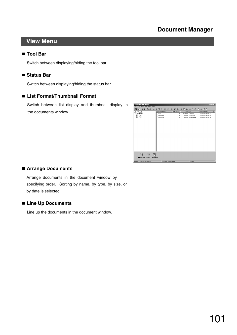 View menu, Document manager | Panasonic 150P User Manual | Page 101 / 153