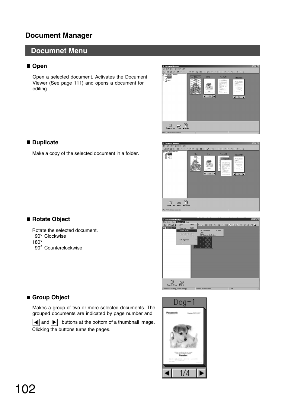Documnet menu, Document manager | Panasonic 150P User Manual | Page 102 / 153
