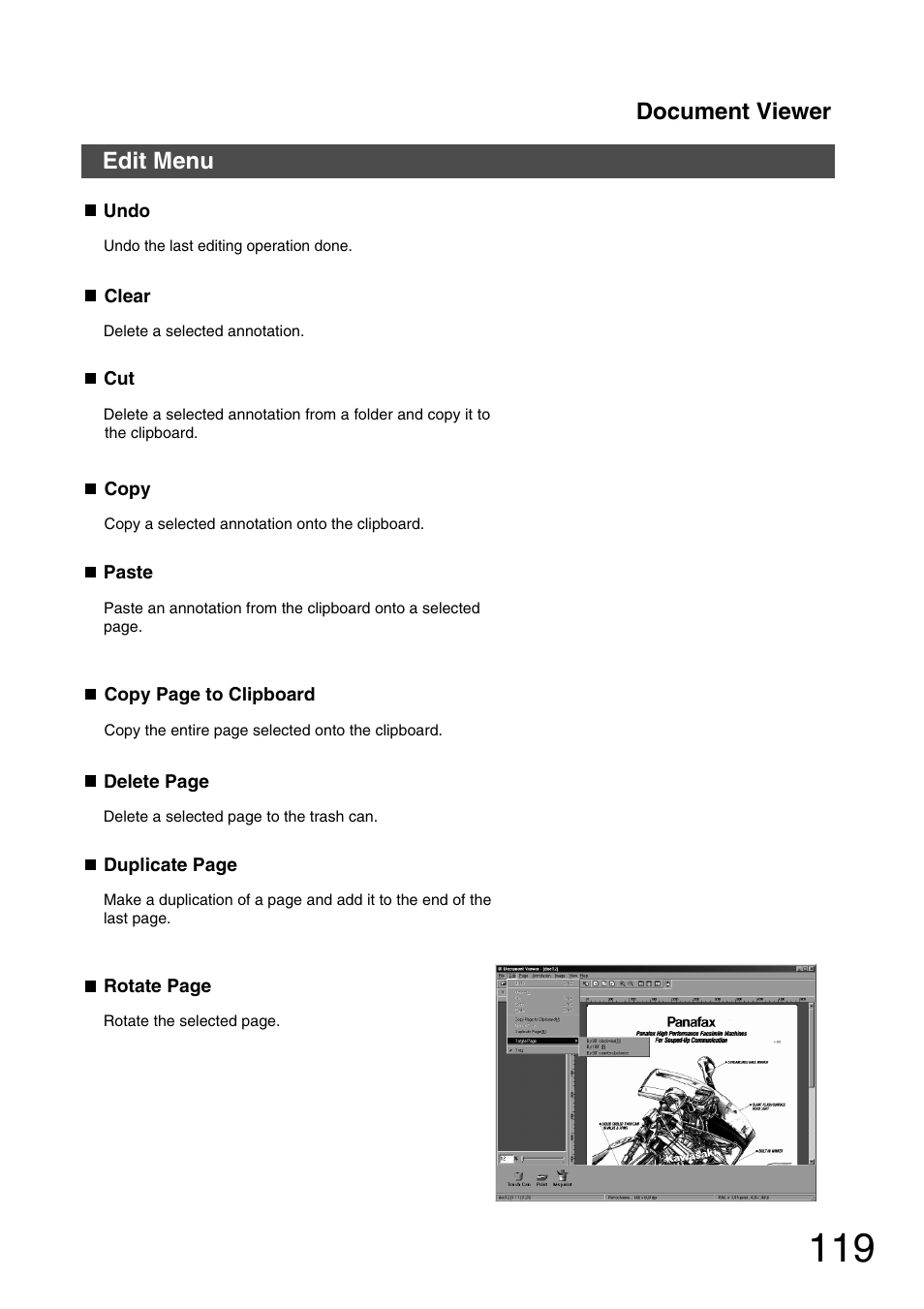 Edit menu, Document viewer | Panasonic 150P User Manual | Page 119 / 153