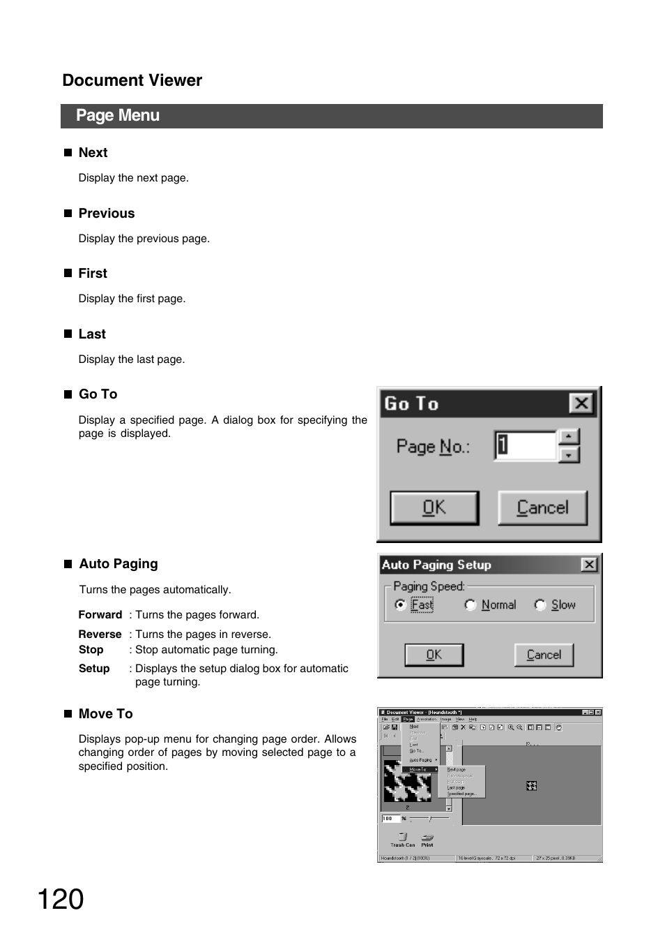 Page menu, Document viewer | Panasonic 150P User Manual | Page 120 / 153