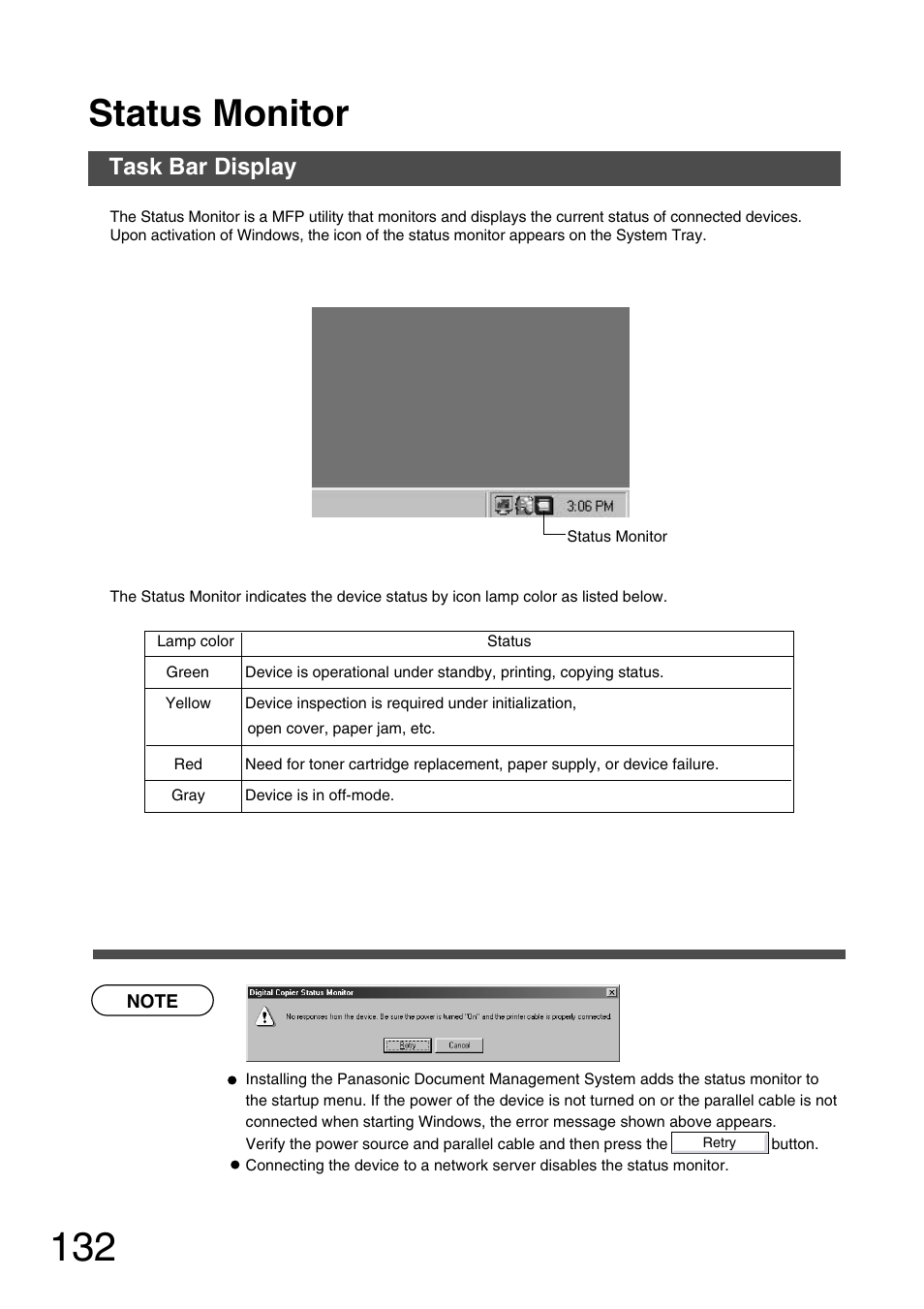 Status monitor, Task bar display | Panasonic 150P User Manual | Page 132 / 153