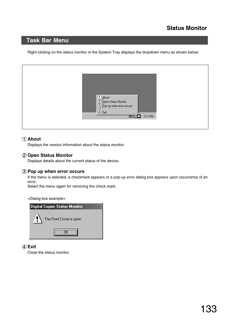 Task bar menu, Status monitor task bar menu | Panasonic 150P User Manual | Page 133 / 153