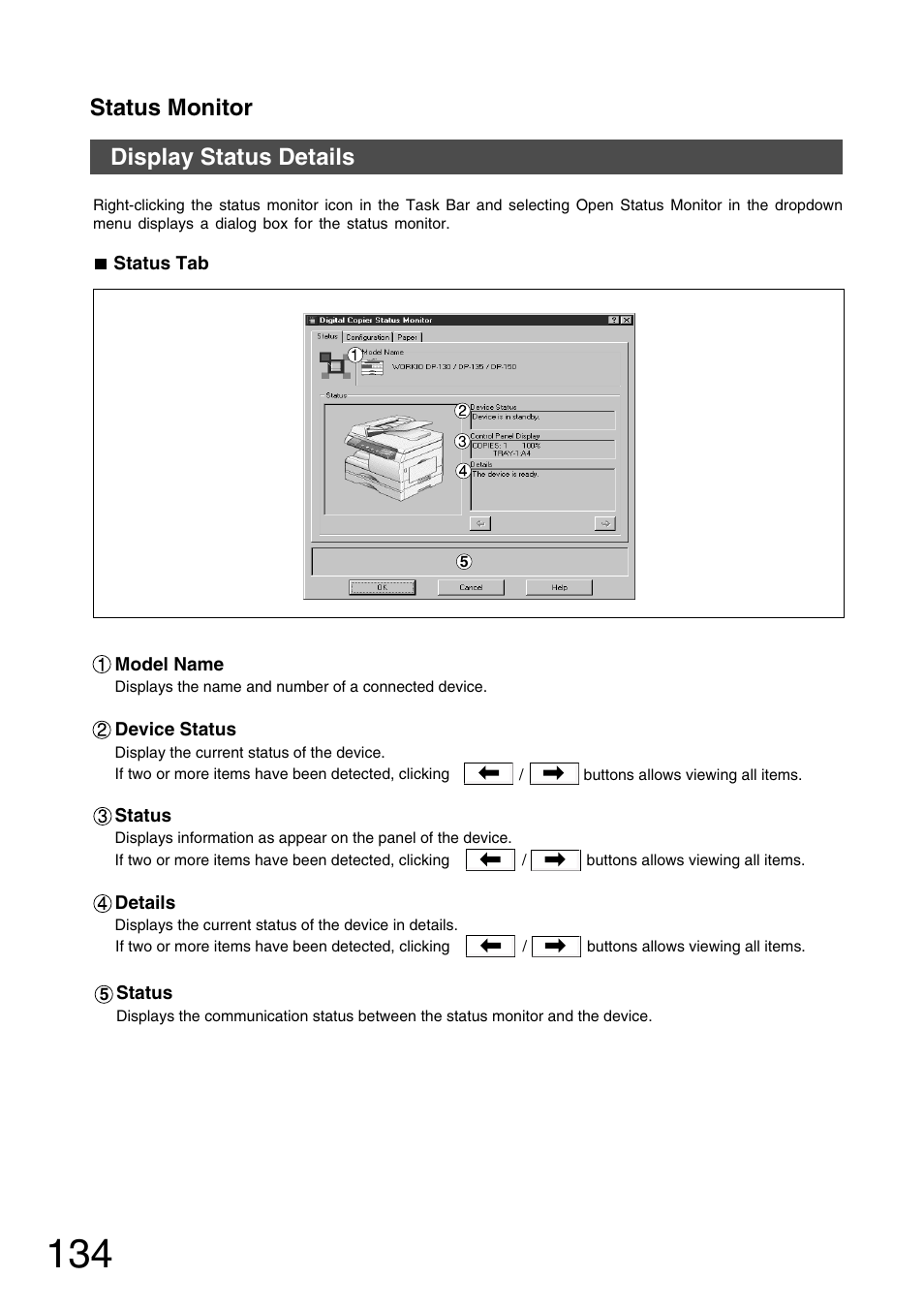 Display status details, Status monitor | Panasonic 150P User Manual | Page 134 / 153