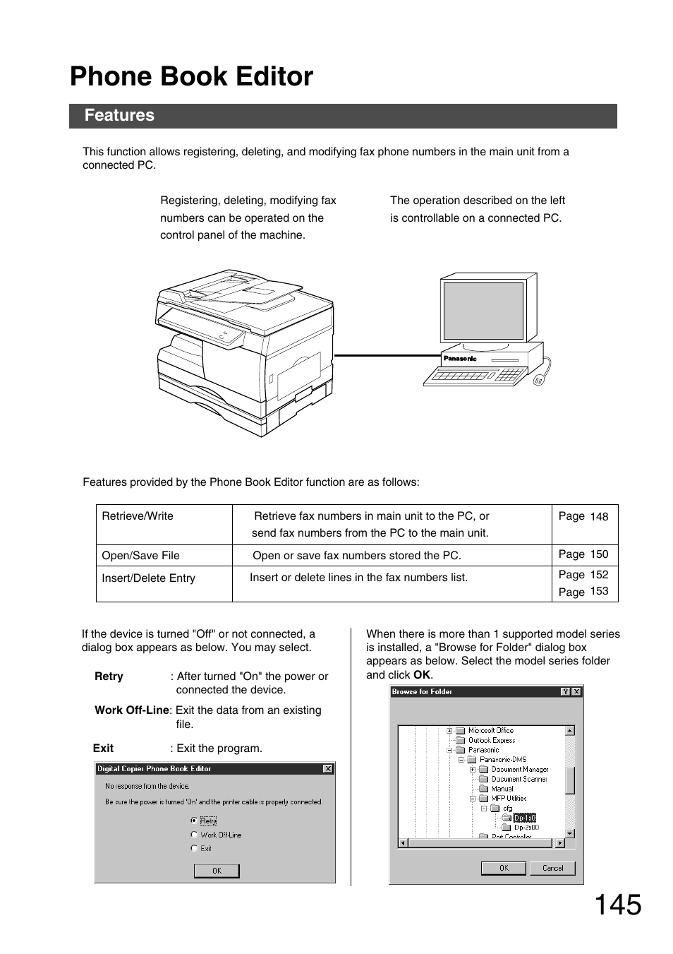 Phone book editor, Features | Panasonic 150P User Manual | Page 145 / 153