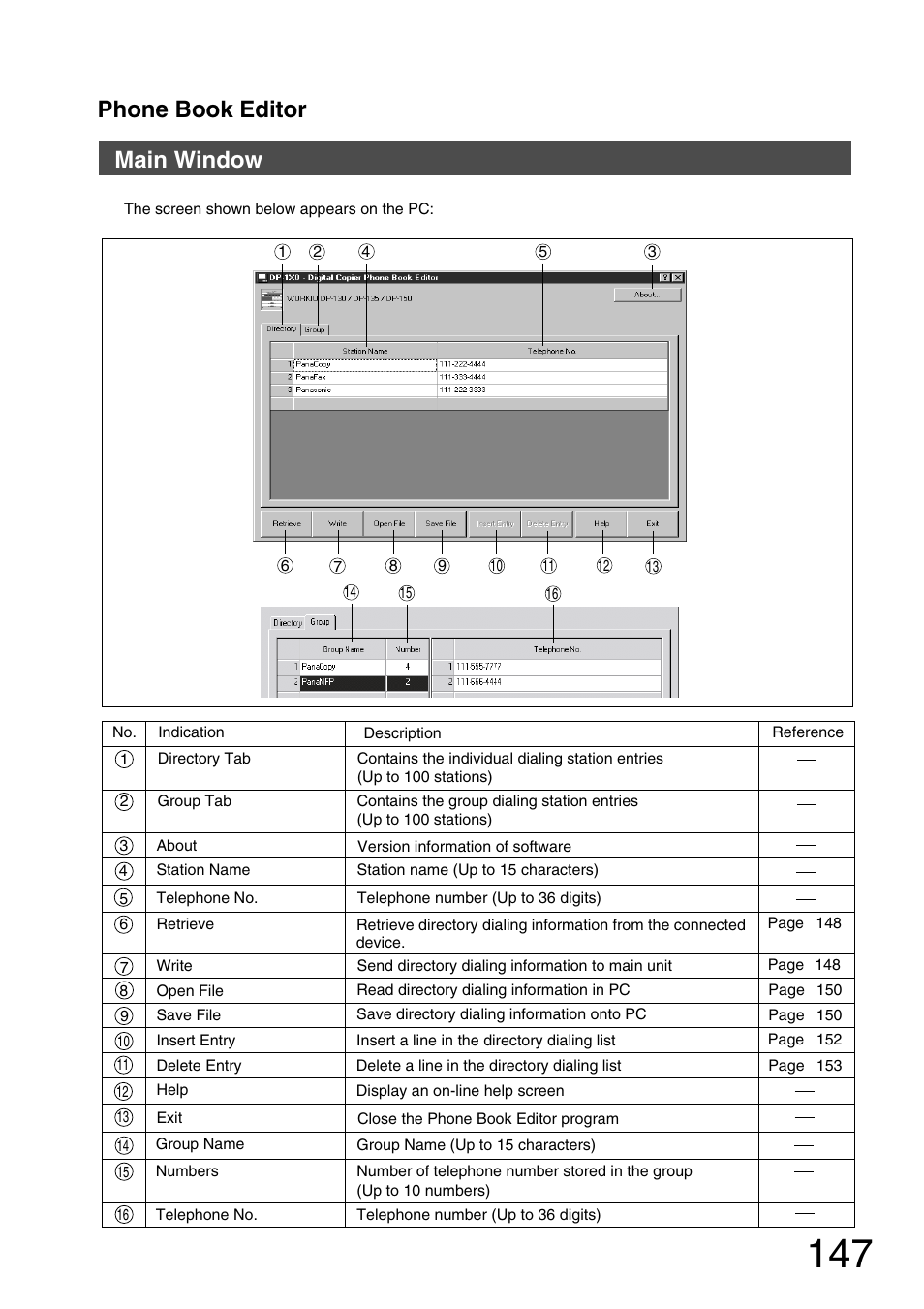 Main window, Phone book editor | Panasonic 150P User Manual | Page 147 / 153