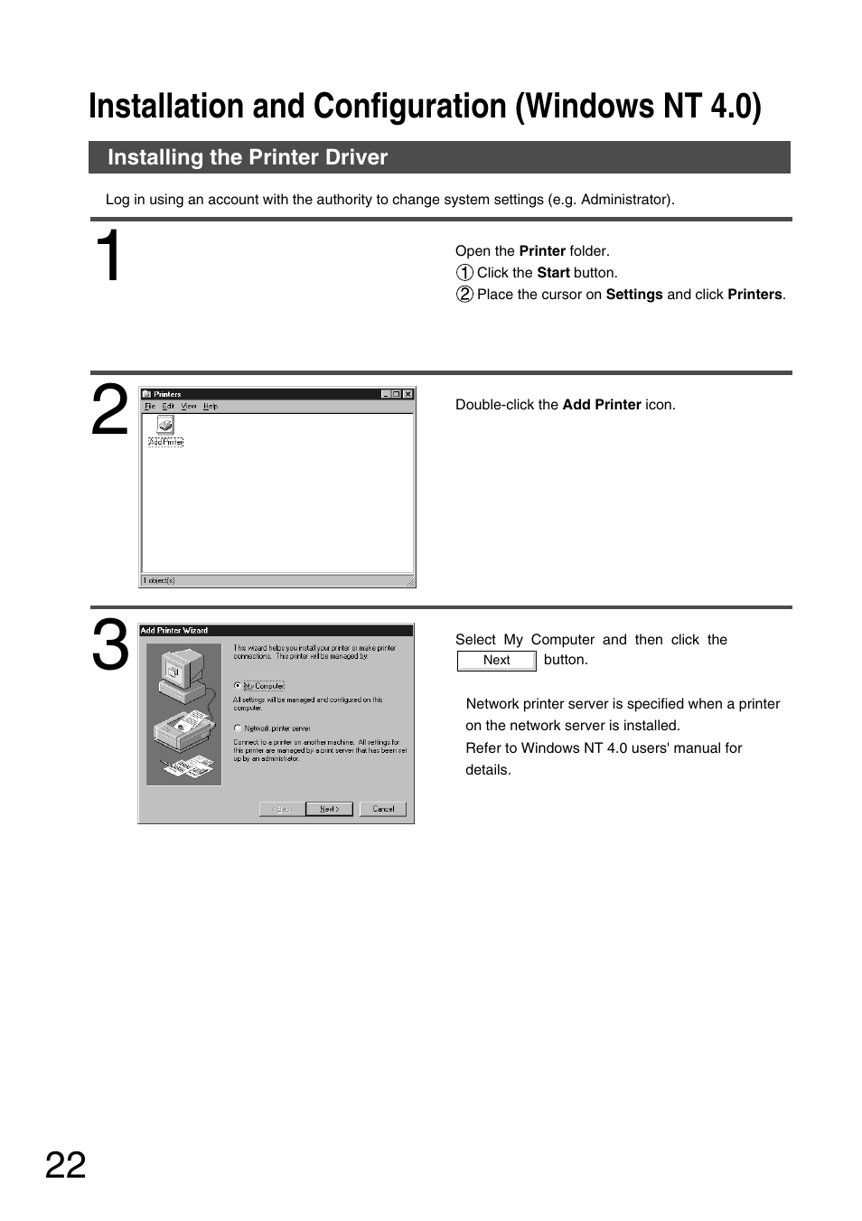 Installation and configuration (windows nt 4.0), Installing the printer driver | Panasonic 150P User Manual | Page 22 / 153