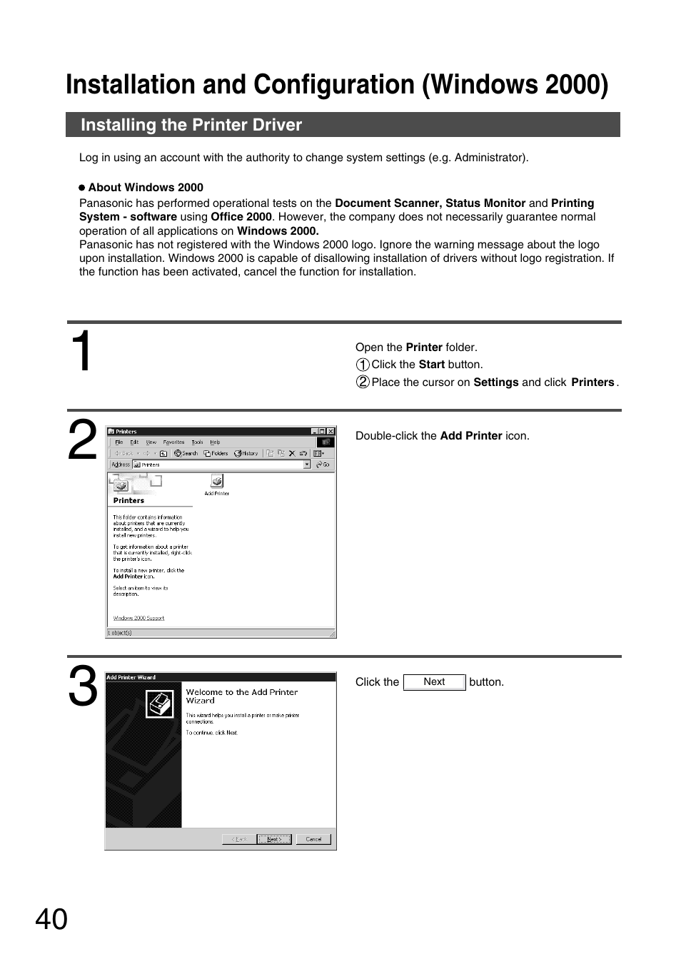 Installation and configuration (windows 2000), Installing the printer driver | Panasonic 150P User Manual | Page 40 / 153