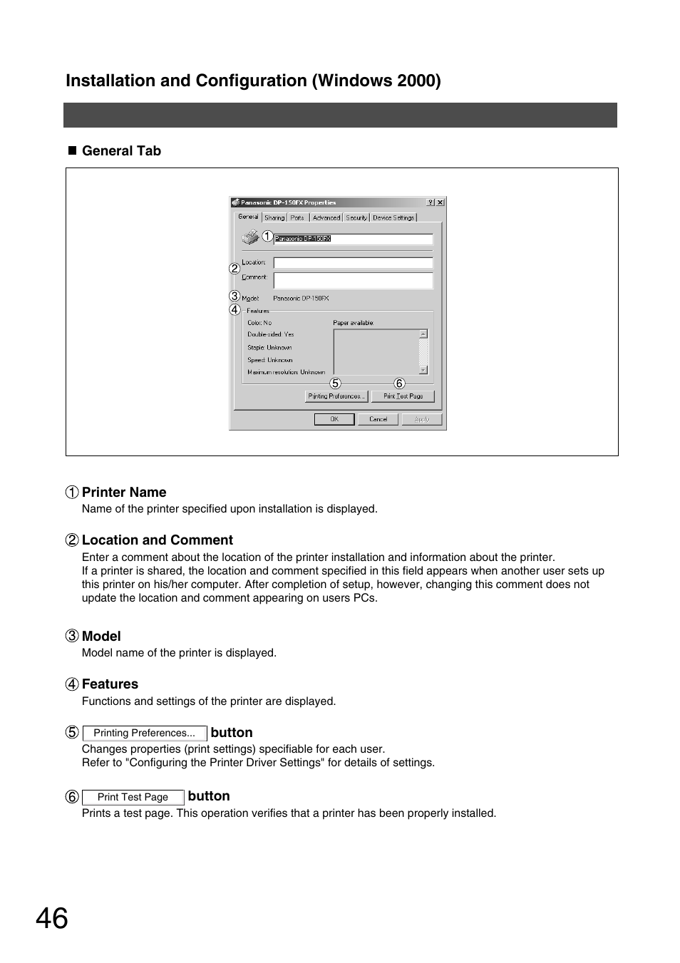 Installation and configuration (windows 2000) | Panasonic 150P User Manual | Page 46 / 153