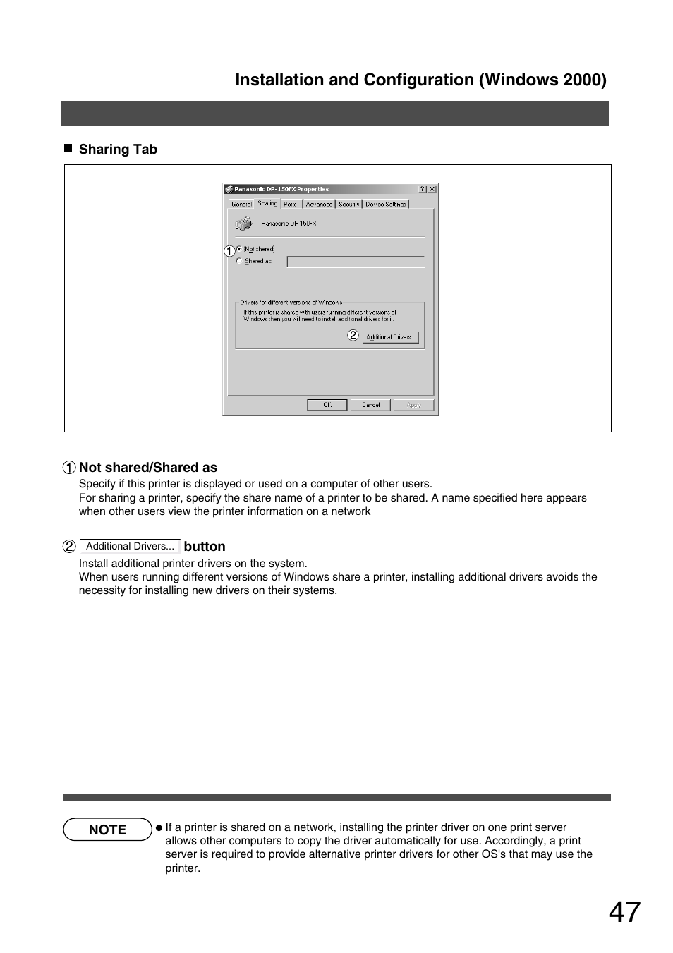 Installation and configuration (windows 2000) | Panasonic 150P User Manual | Page 47 / 153
