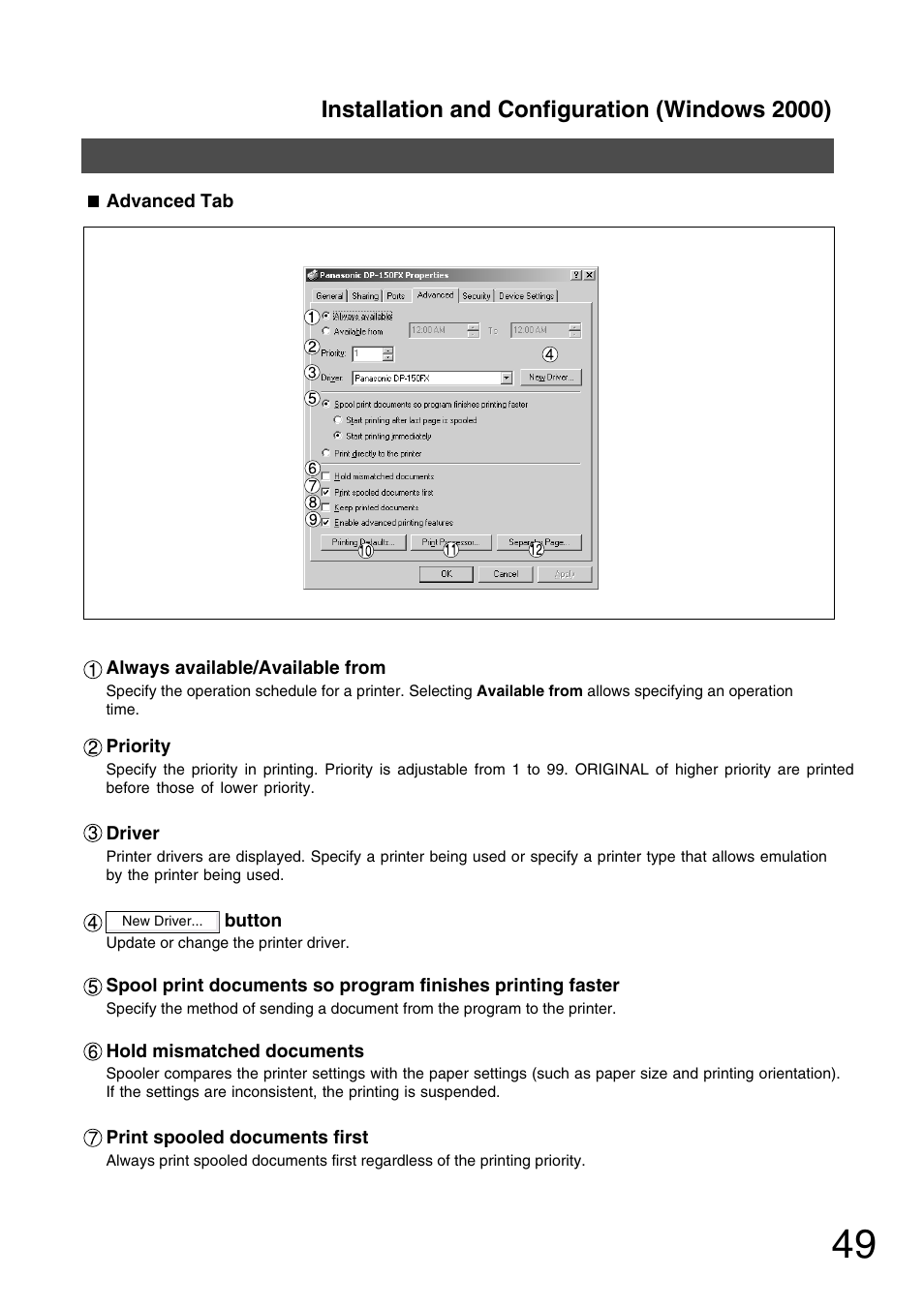 Installation and configuration (windows 2000) | Panasonic 150P User Manual | Page 49 / 153