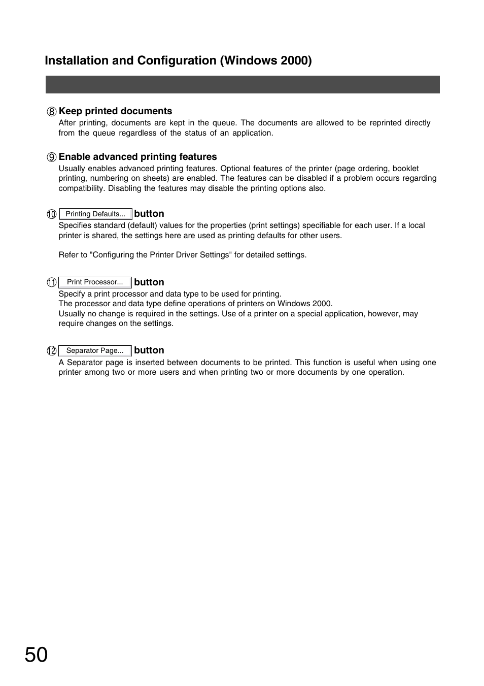 Installation and configuration (windows 2000) | Panasonic 150P User Manual | Page 50 / 153