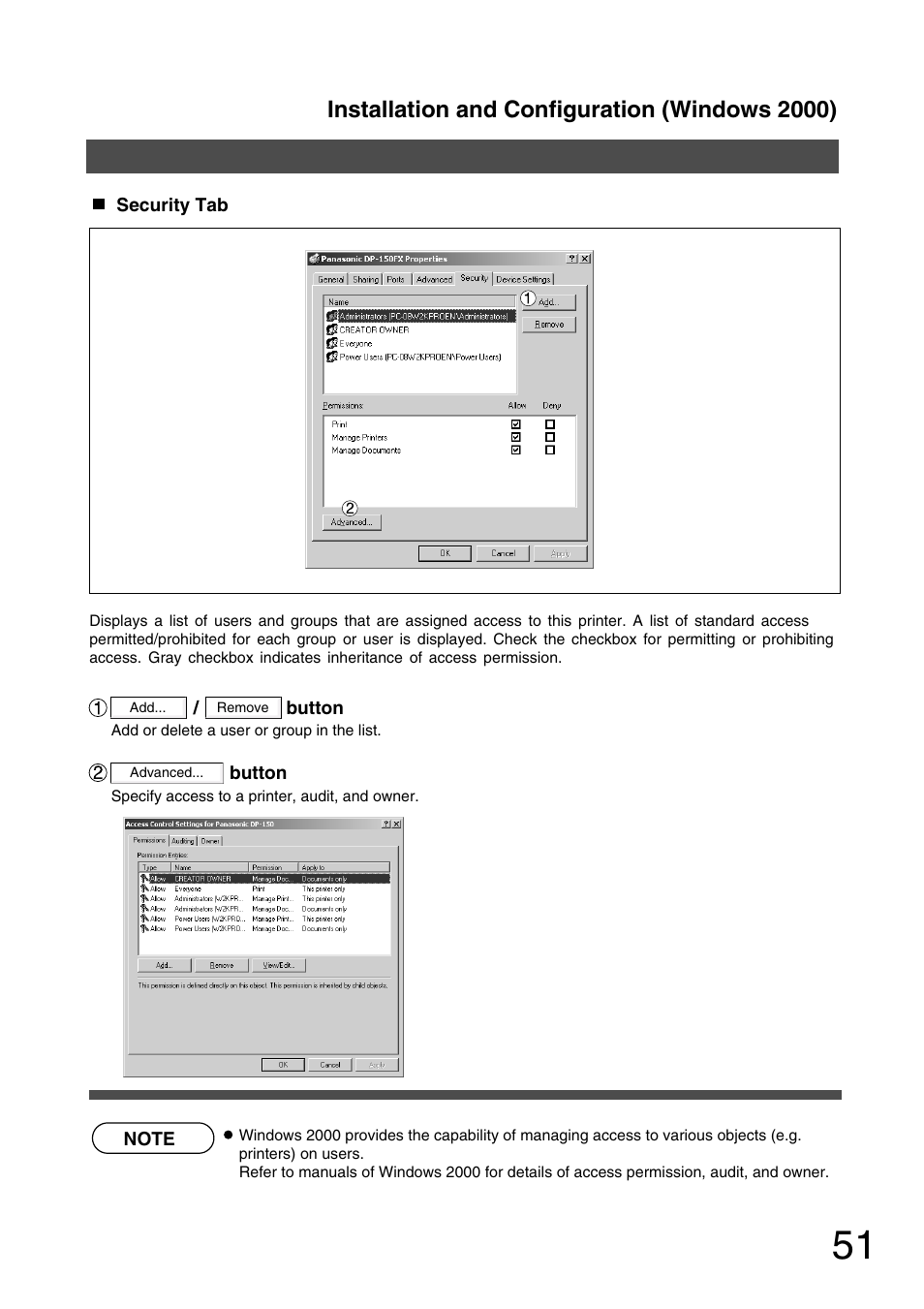 Installation and configuration (windows 2000) | Panasonic 150P User Manual | Page 51 / 153