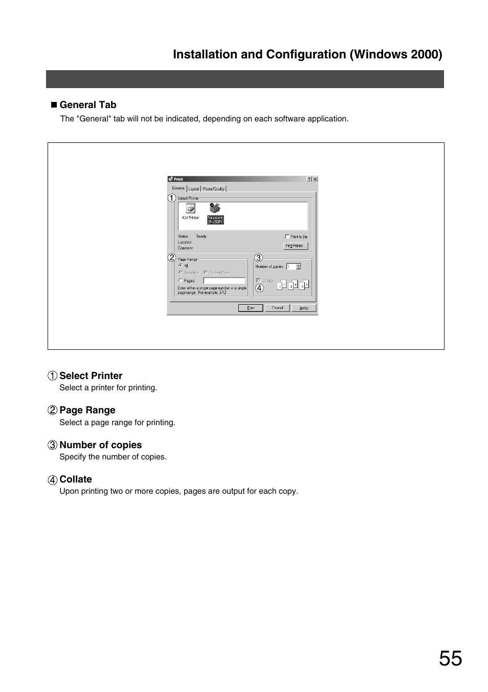 Installation and configuration (windows 2000) | Panasonic 150P User Manual | Page 55 / 153