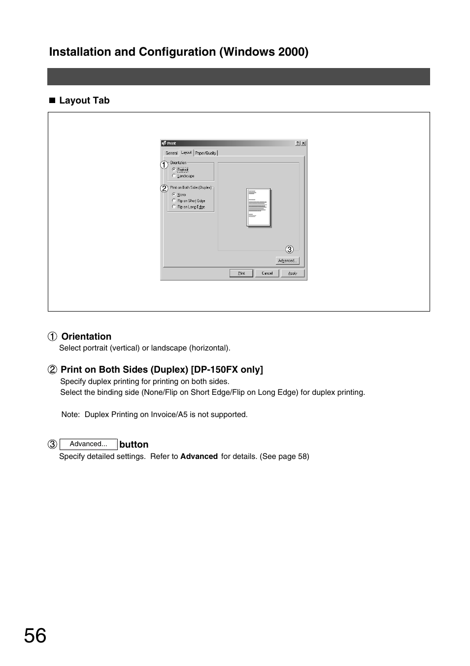 Installation and configuration (windows 2000) | Panasonic 150P User Manual | Page 56 / 153