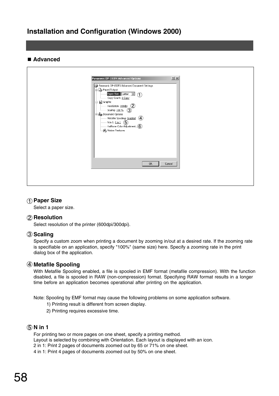 Installation and configuration (windows 2000) | Panasonic 150P User Manual | Page 58 / 153