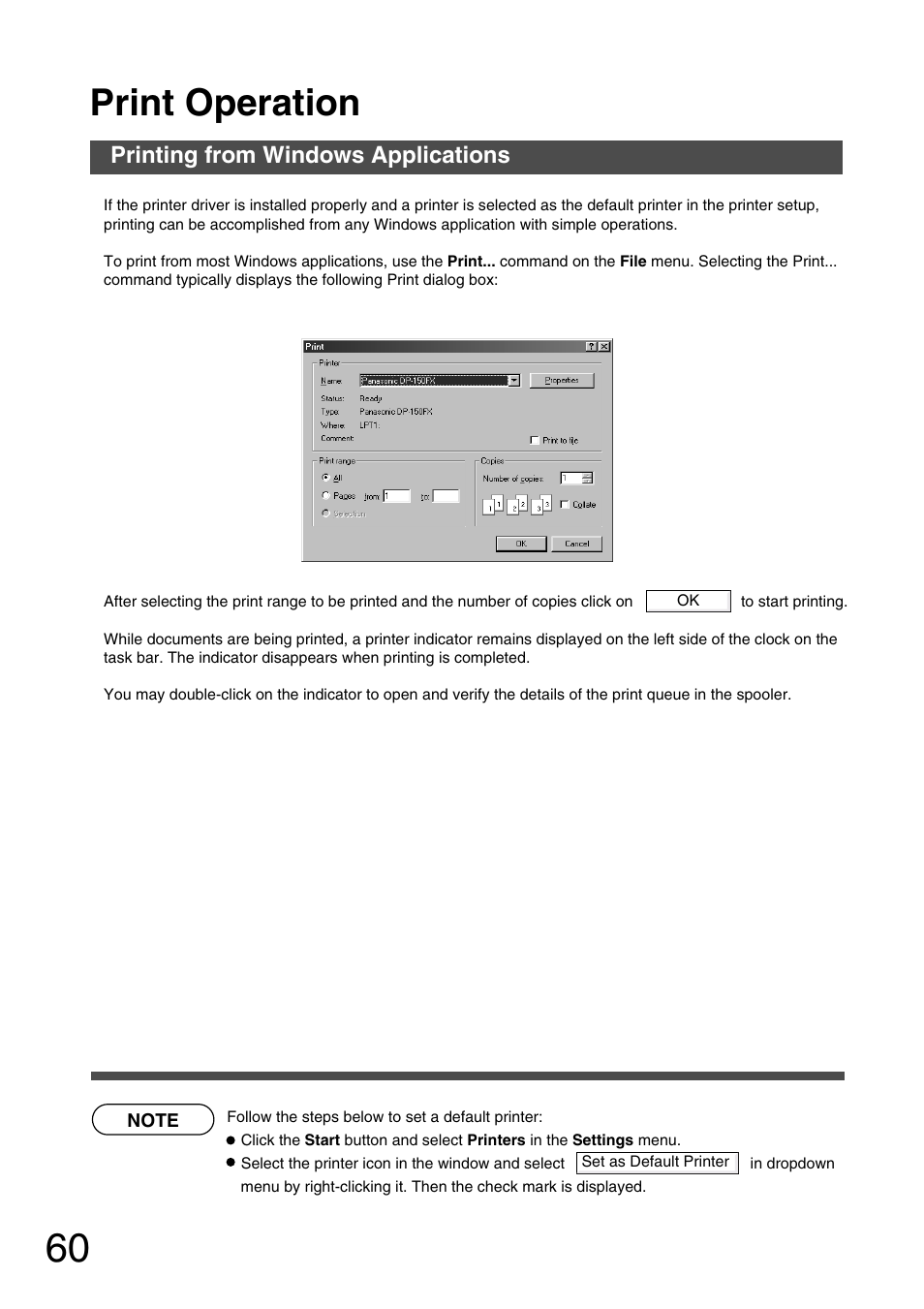 Print operation, Printing from windows applications | Panasonic 150P User Manual | Page 60 / 153