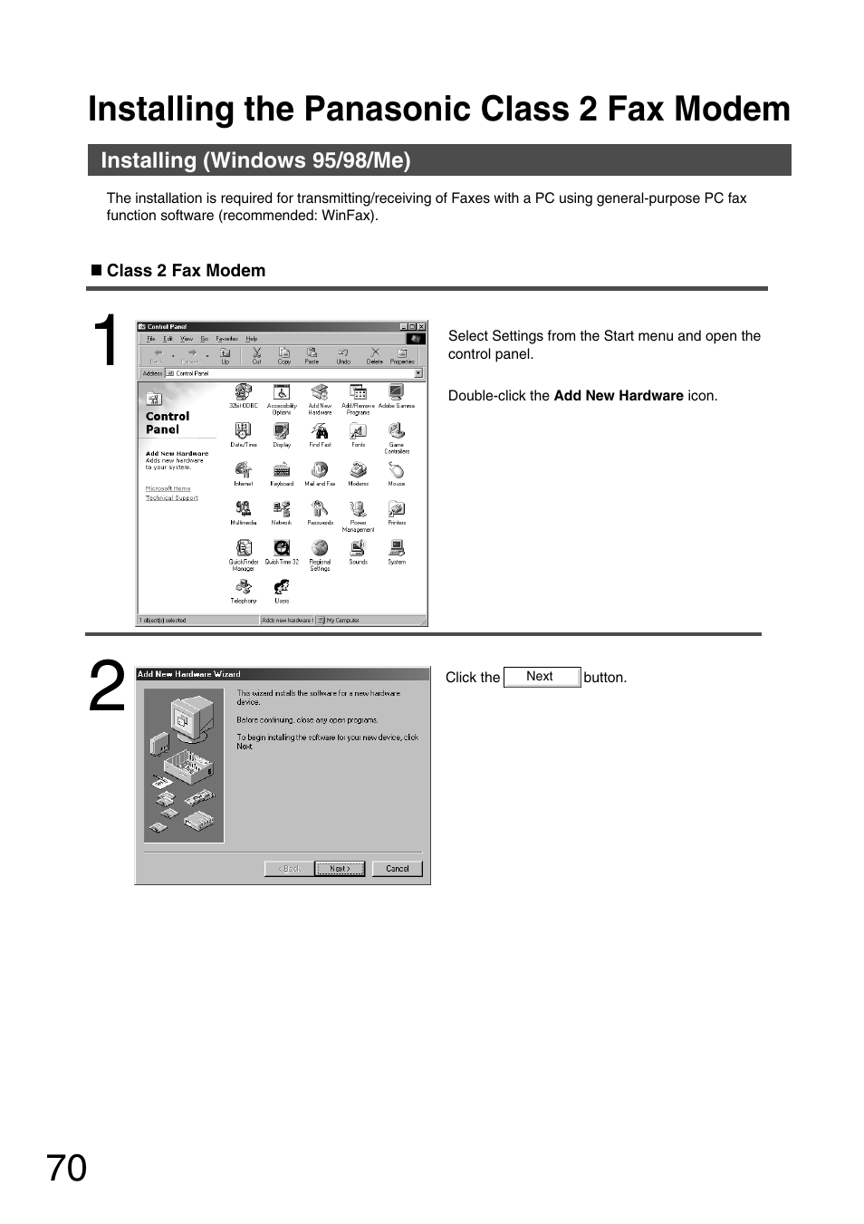 Installing the panasonic class 2 fax modem, Installing (windows 95/98) | Panasonic 150P User Manual | Page 70 / 153