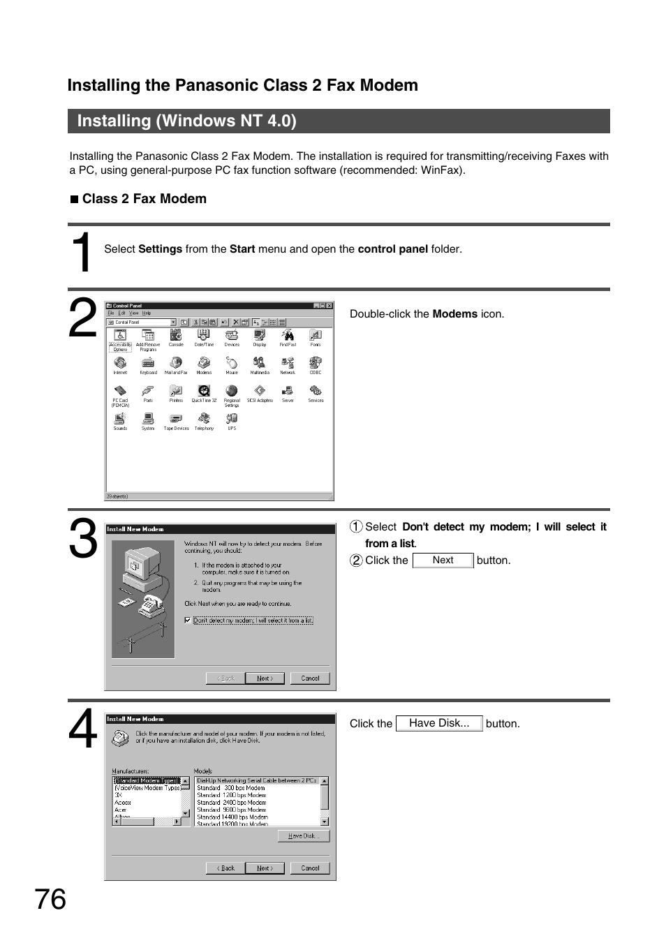 Installing (windows nt 4.0) | Panasonic 150P User Manual | Page 76 / 153