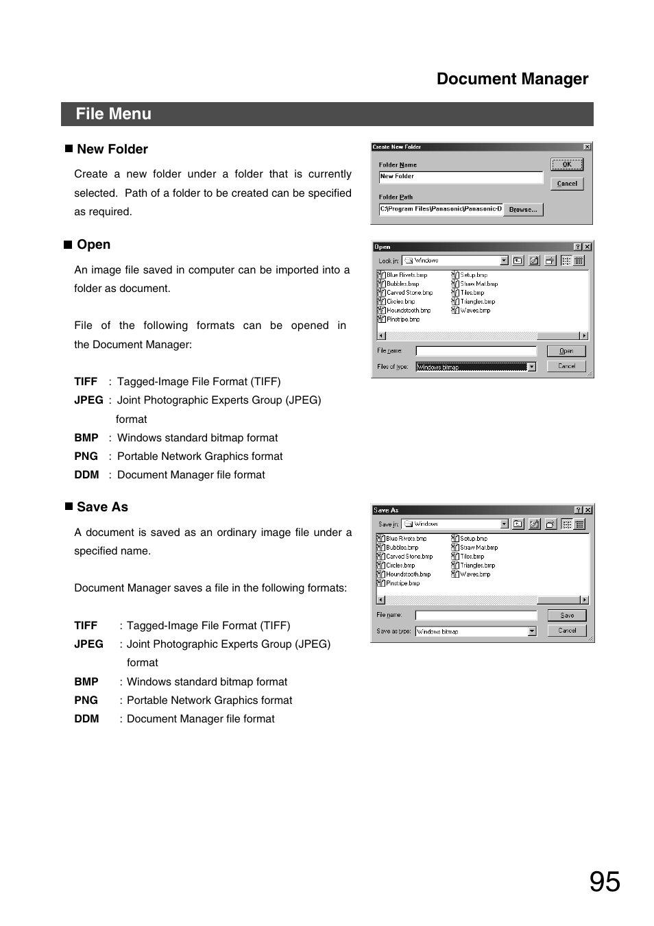 File menu, Document manager | Panasonic 150P User Manual | Page 95 / 153