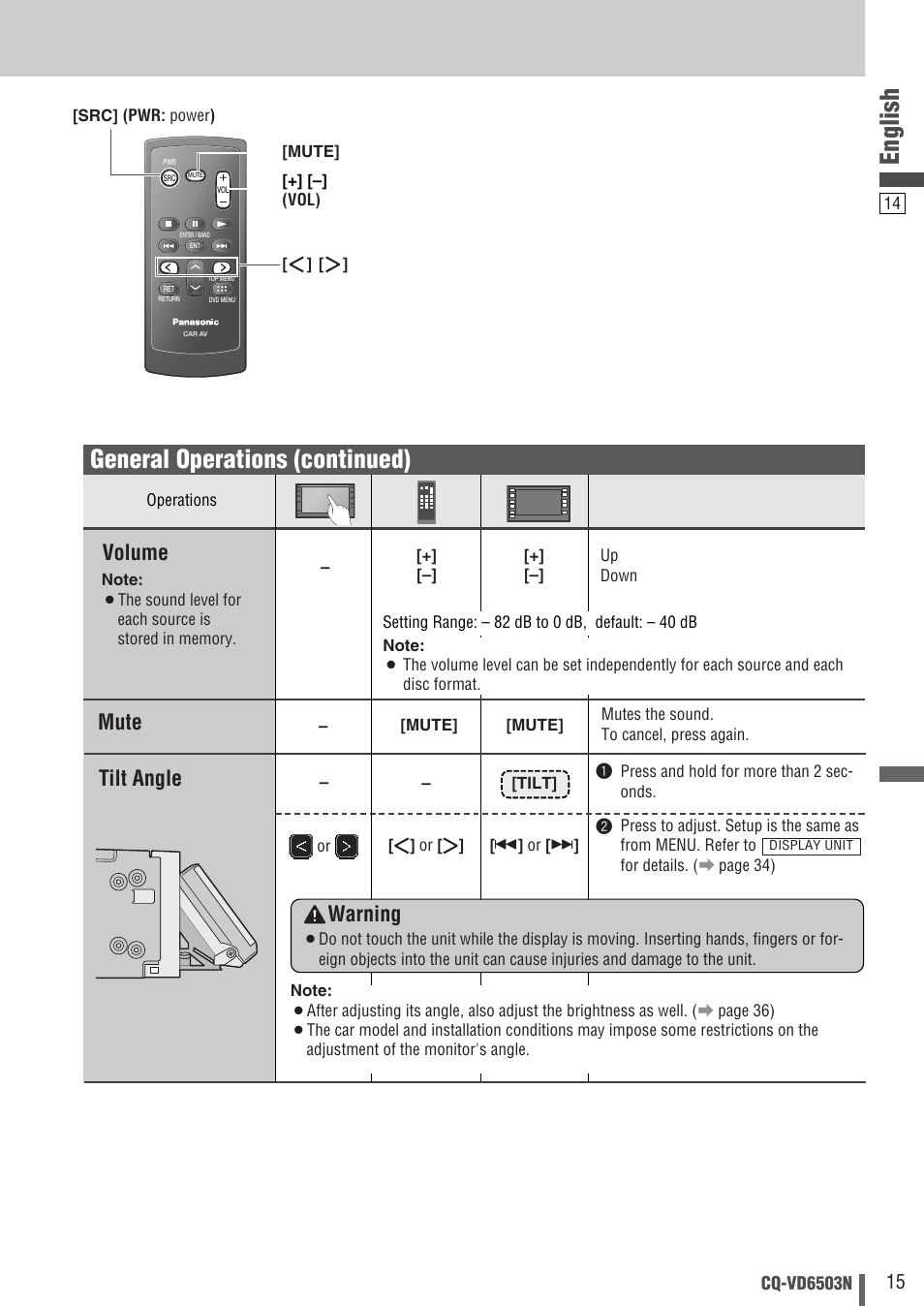 English, General operations (continued), Volume | Tilt angle, Mute, Warning | Panasonic CQ-VD6503N User Manual | Page 15 / 100