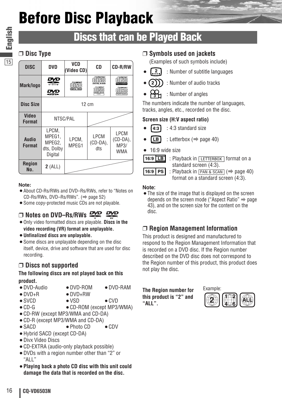 Before disc playback, Discs that can be played back, English | Symbols used on jackets, Region management information, Disc type, Discs not supported | Panasonic CQ-VD6503N User Manual | Page 16 / 100