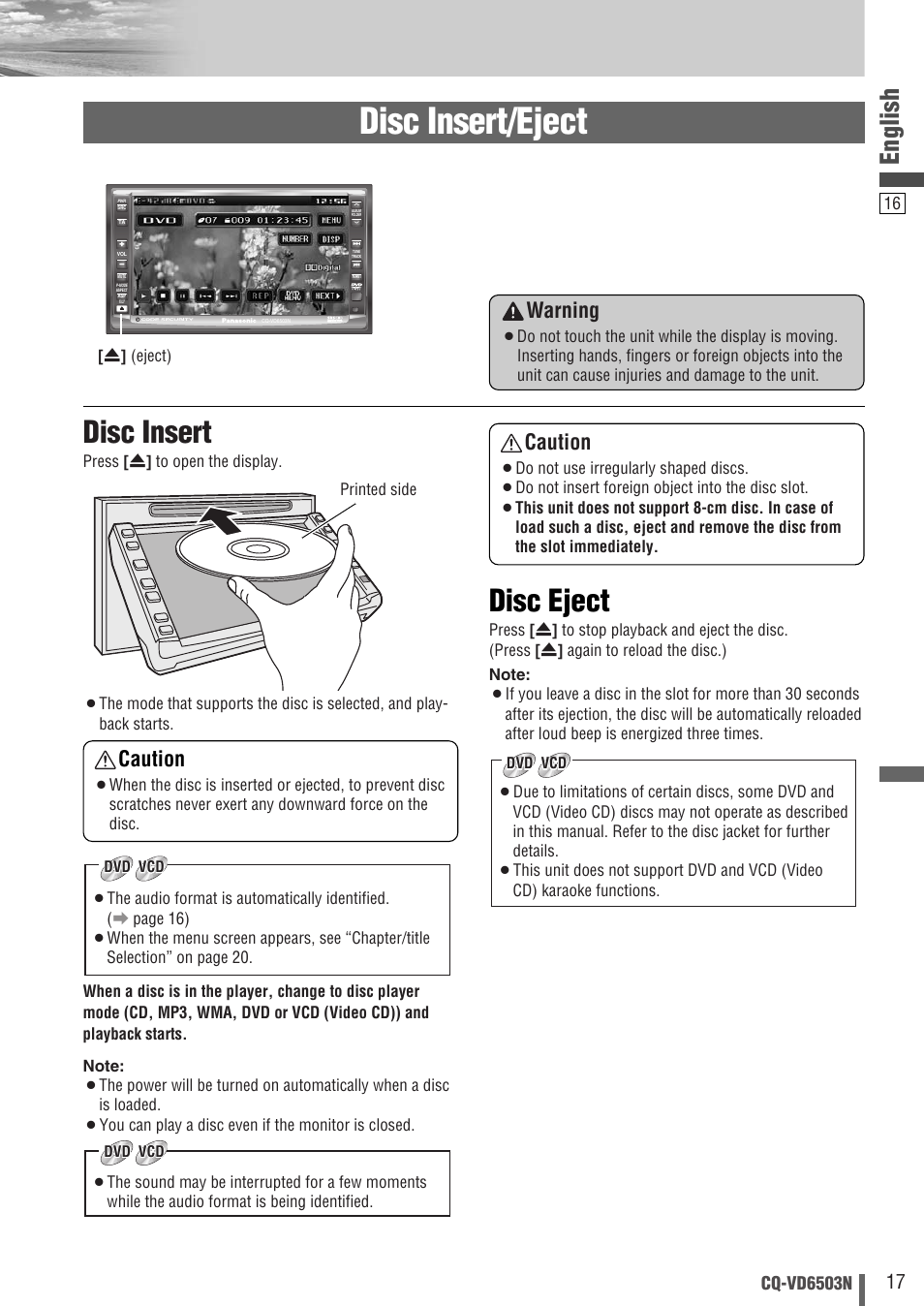 Disc insert/eject, Disc eject, Disc insert | English, Caution, Warning | Panasonic CQ-VD6503N User Manual | Page 17 / 100