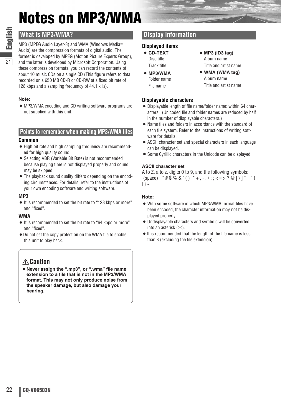 English, What is mp3/wma, Points to remember when making mp3/wma files | Display information, Caution | Panasonic CQ-VD6503N User Manual | Page 22 / 100