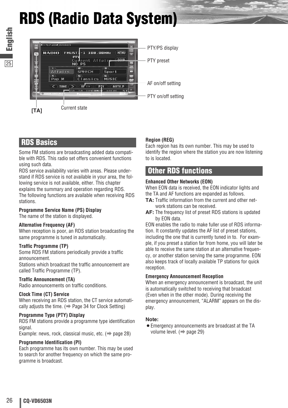 Rds (radio data system), English, Rds basics other rds functions | Panasonic CQ-VD6503N User Manual | Page 26 / 100