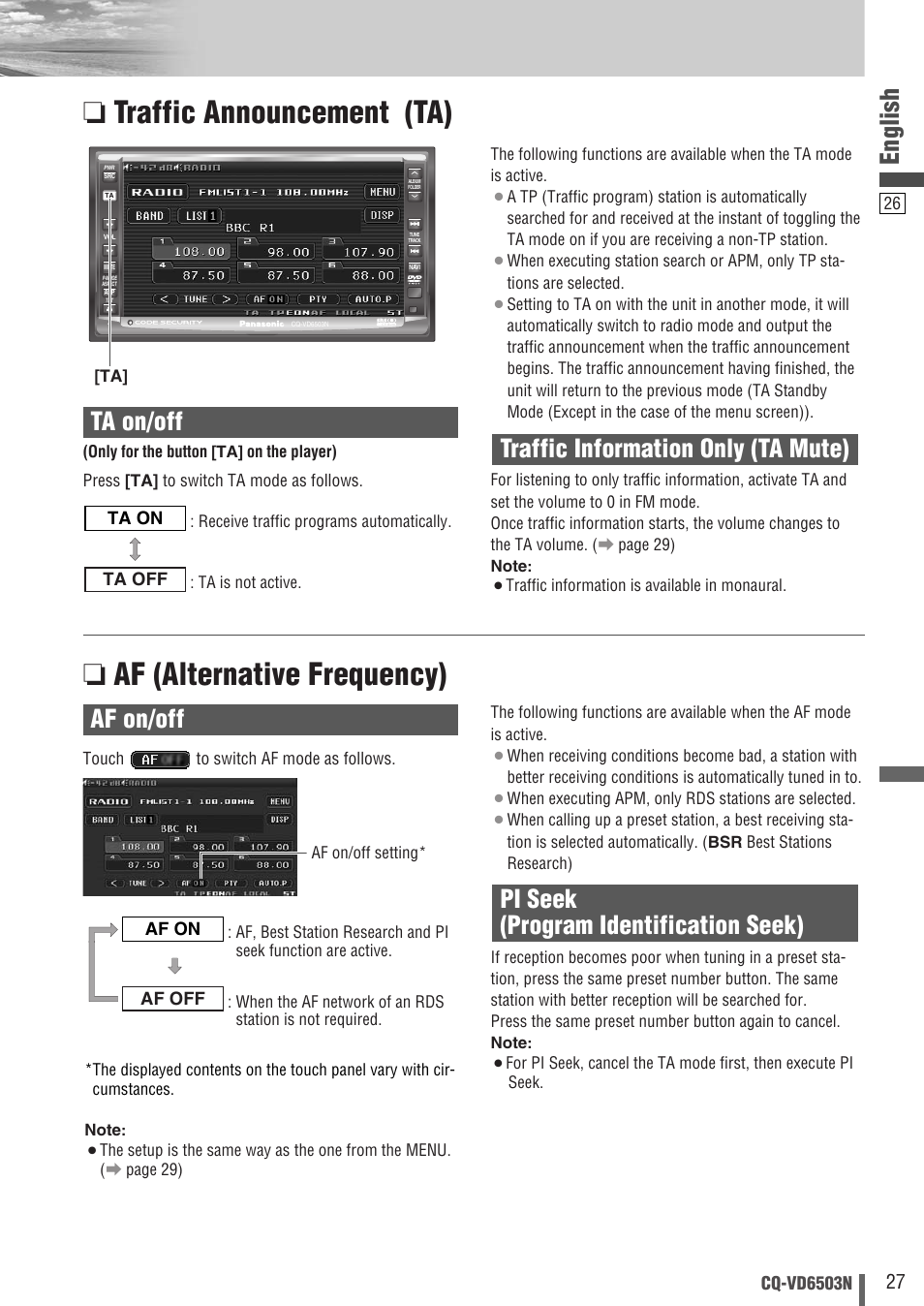 English, Traffic information only (ta mute), Pi seek (program identification seek) | Ta on/off af on/off | Panasonic CQ-VD6503N User Manual | Page 27 / 100