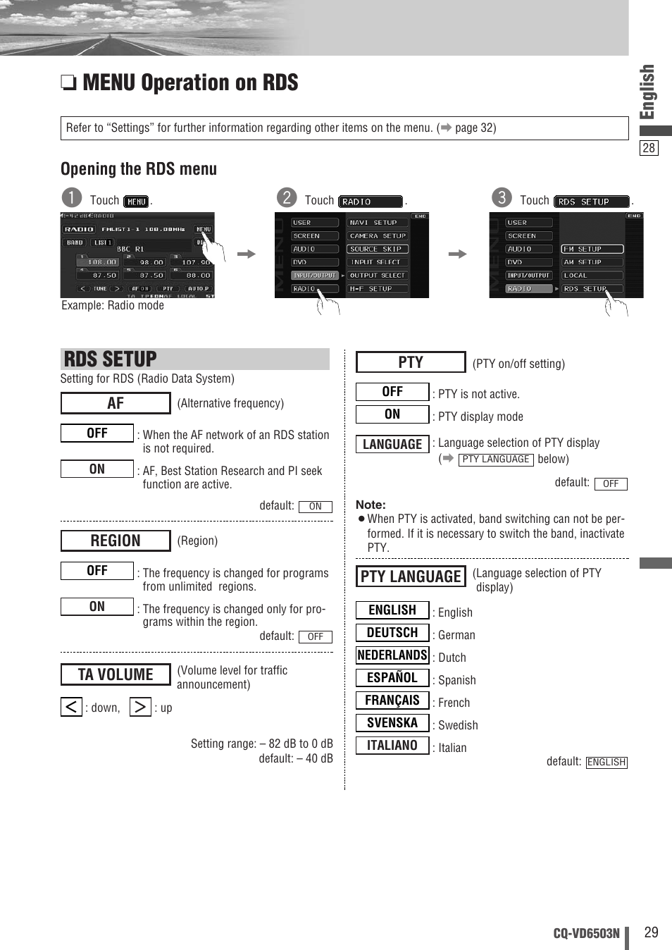 Menu operation on rds, Rds setup, English | Opening the rds menu, Ta volume, Region, Pty language | Panasonic CQ-VD6503N User Manual | Page 29 / 100
