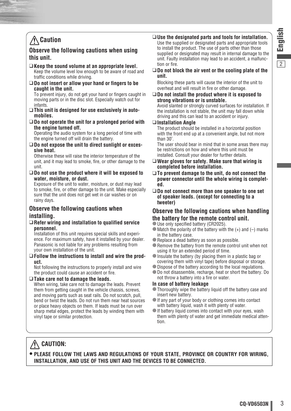 English, Caution | Panasonic CQ-VD6503N User Manual | Page 3 / 100
